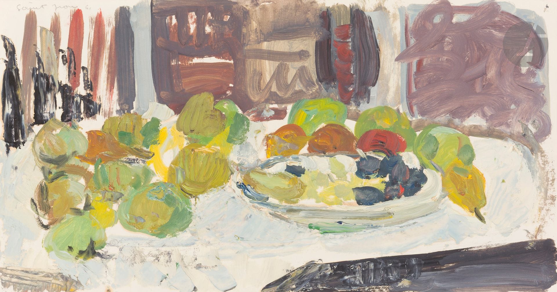 Marcel SAINT-JEAN (1914-1994)
La Table aux fruits - Les Fruits - Nature morte aux fruits
3 huiles et gouaches sur papier.
50 x 65 cm - 38,5 x 50 cm - 26 x 50 cm
(Petites pliures).