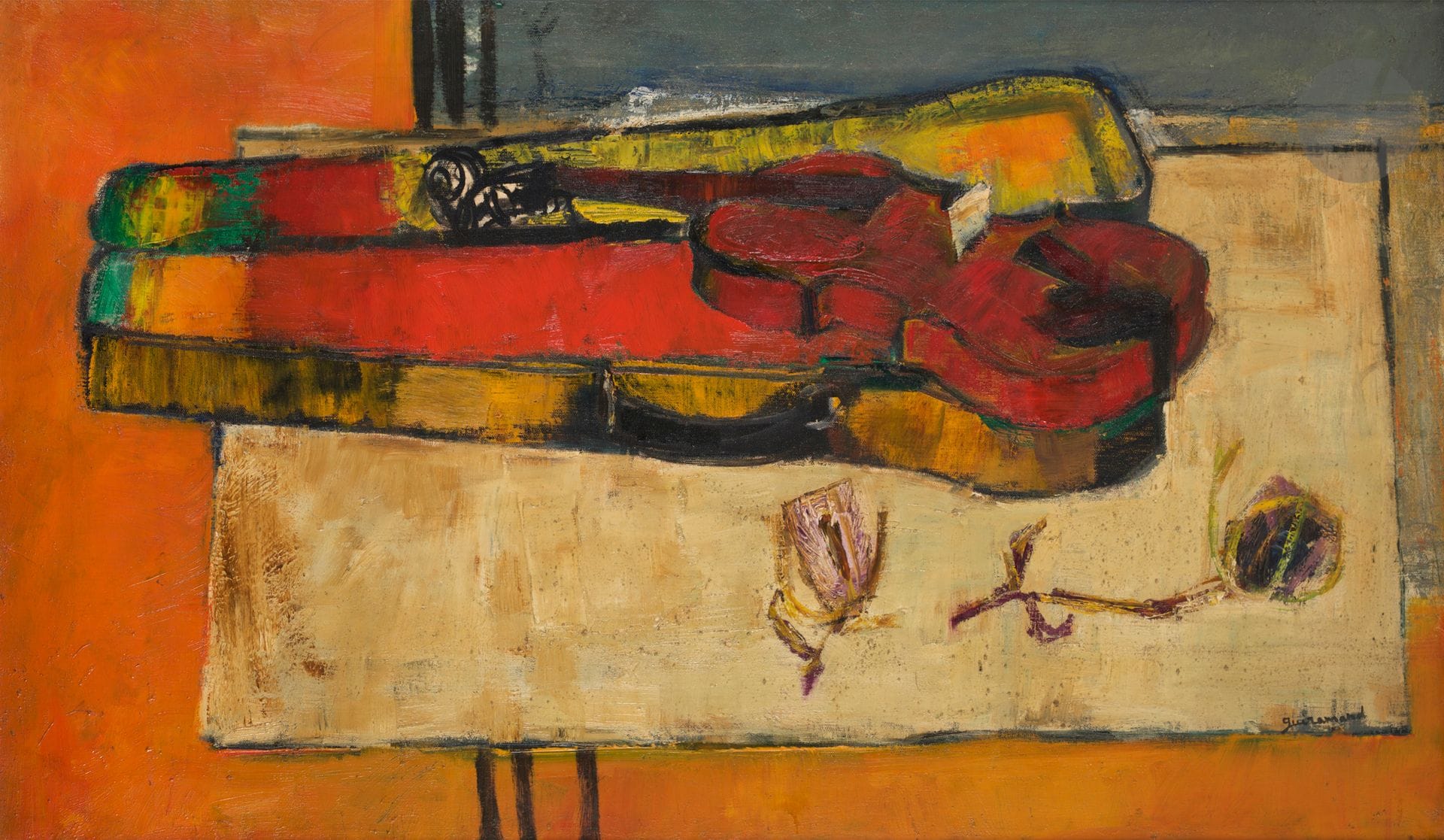 Paul GUIRAMAND (1926-2007)
Le Violon, 1956
Huile sur toile.
Signée en bas à droite.
60 x 100 cm

Provenance : 
- Galerie Framond, Paris (étiquette au dos).
- Association d’action artistique Arménienne Quatra (étiquette au dos).