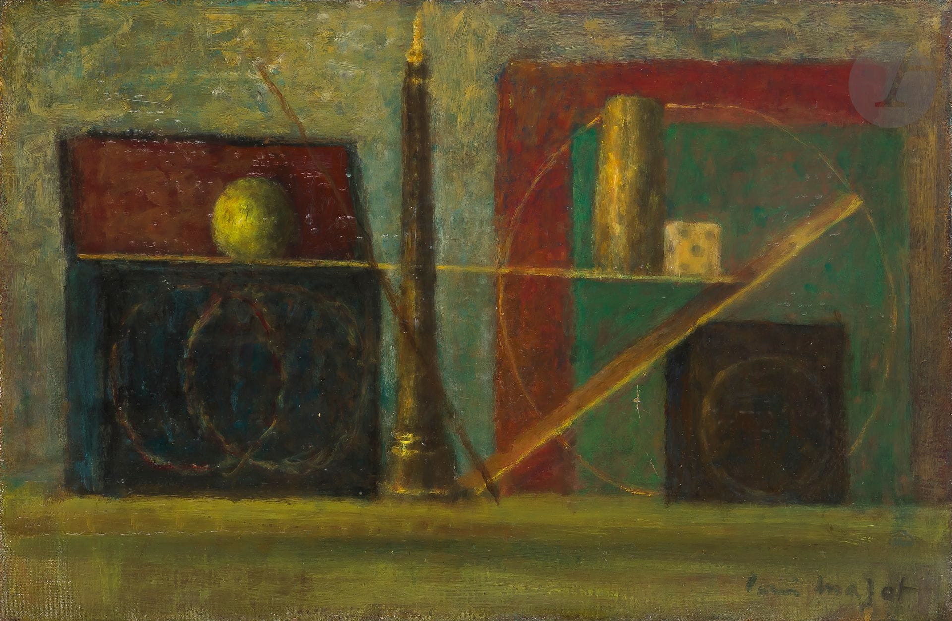 Louis MAZOT (1919-1994)
Nature morte sur l’étagère
Huile sur toile.
Signée en bas à droite.
Signée au dos.
60 x 92 cm