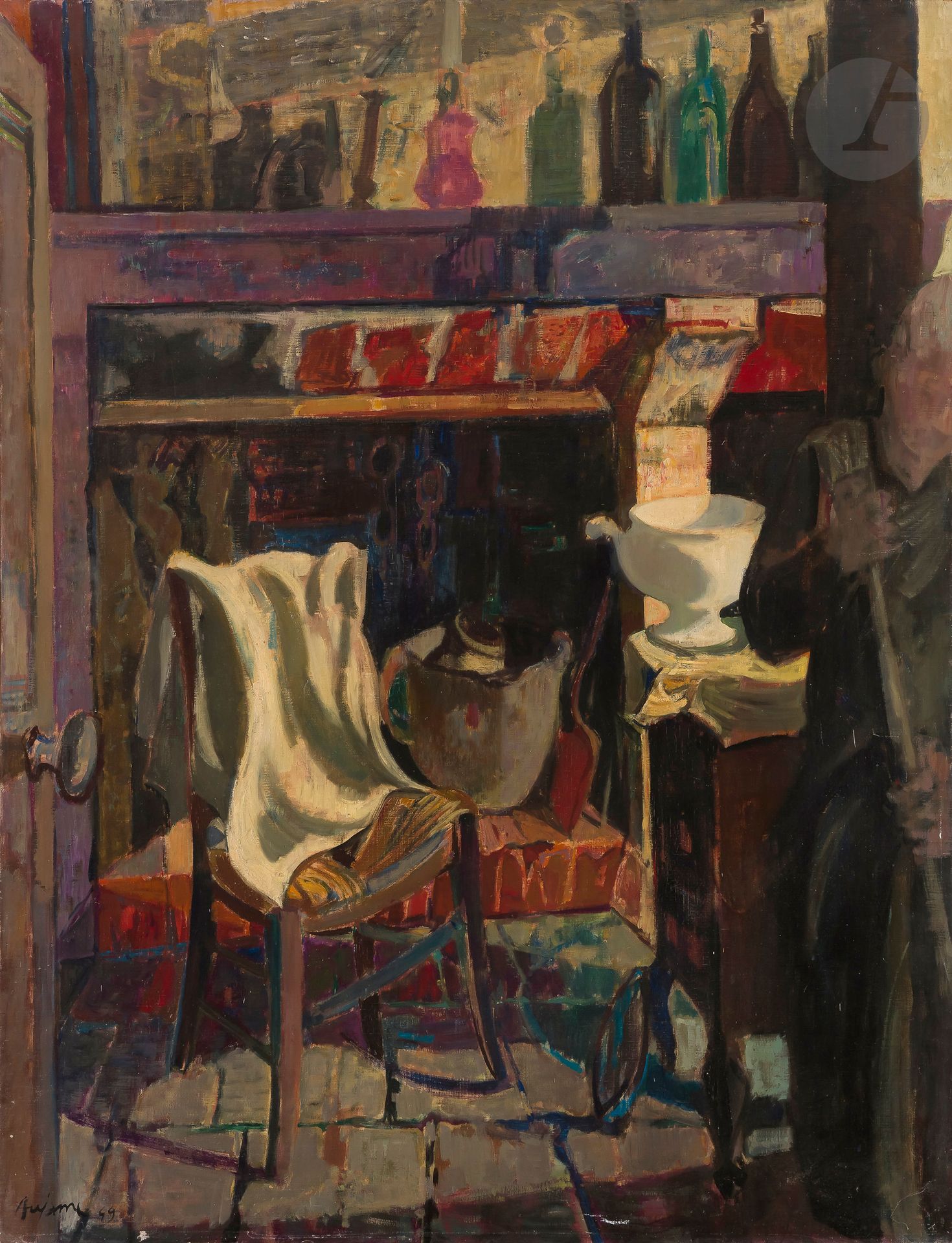 Jean AUJAME (1905-1965)
Intérieur à la cheminée, 1949
Huile sur toile.
Signée et datée en bas à gauche.
116 x 89 cm