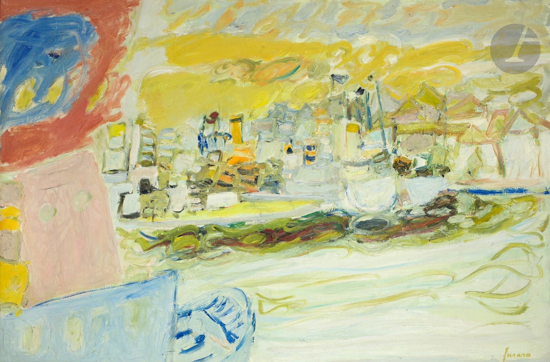 Jean FUSARO (né en 1925)
Port de Sète, 1966
Huile sur toile.
Signée en bas à droite.
Signée, datée et titrée au dos.
54 x 81 cm

Provenance : 
Galerie Framond, Paris (étiquette au dos).
