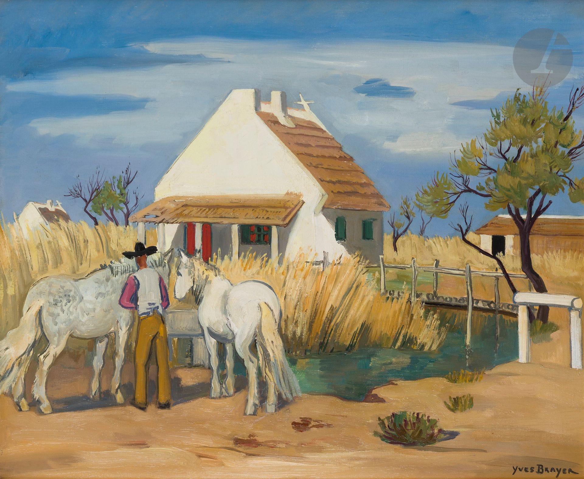 Yves BRAYER (1907-1990)
Chevaux à l’abreuvoir, Camargue, 1960
Huile sur toile.
Signée en bas à droite.
Titrée et datée au dos.
54 x 65 cm

Provenance : 
Galerie Romanet, Paris (étiquette et tampon au dos).

Un certificat de Madame Brayer, en date du 14 décembre 1991, sera remis à l’acquéreur.