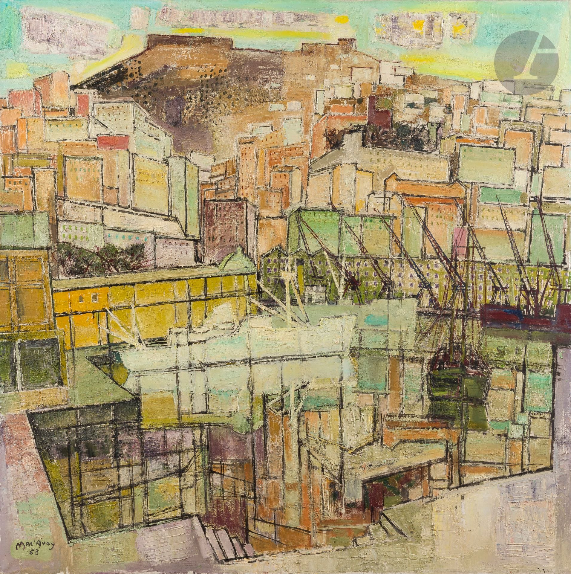 Édouard Georges MAC AVOY 
(1905-1991)
Le Port, 1968
Huile sur toile.
Signée et datée en bas à gauche.
100 x 100 cm