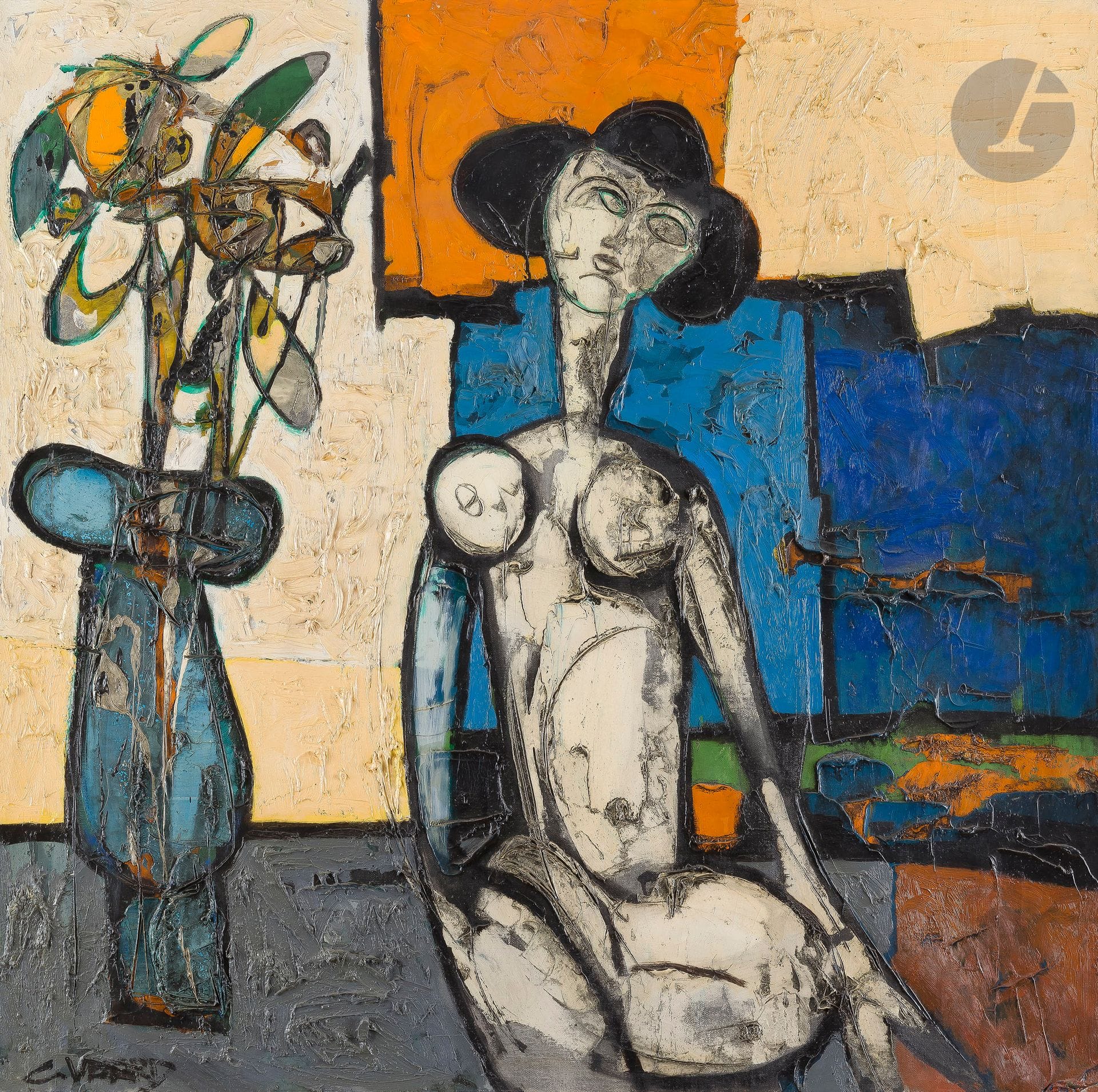 Claude VENARD (1913-1999)
Nu au vase de fleurs
Huile sur toile.
Signée en bas à gauche.
(Petits manques).
100 x 100 cm