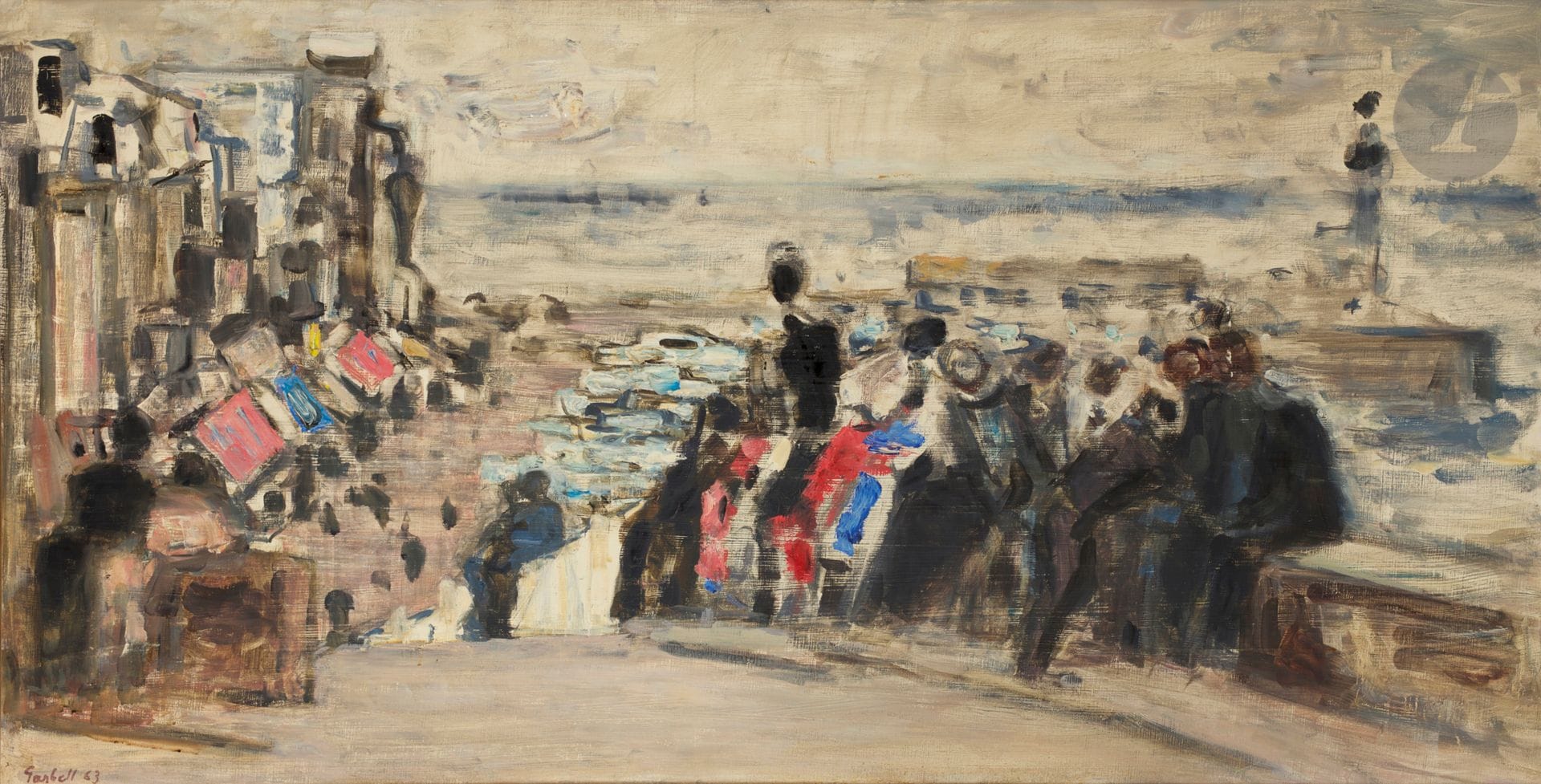 Alexandre Sascha GARBELL [russe] 
(1903-1970)
Le Port, 1963
Huile sur toile.
Signée et datée en bas à gauche.
(Petits manques).
80 x 160 cm