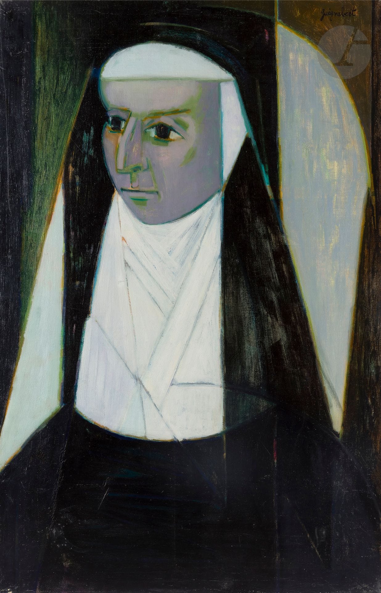 Jean-Claude GUIGNEBERT (1921-1989)
La Nonne, vers 1948
Huile sur toile.
Signée en haut à droite.
100 x 65 cm

Provenance : 
- Galerie Drouand-David, Paris (étiquette au dos).
- Collection Emmanuel David.

En 1947, Guignebert devient le second lauréat du prix de le Jeune Peinture avec La Nonne.
