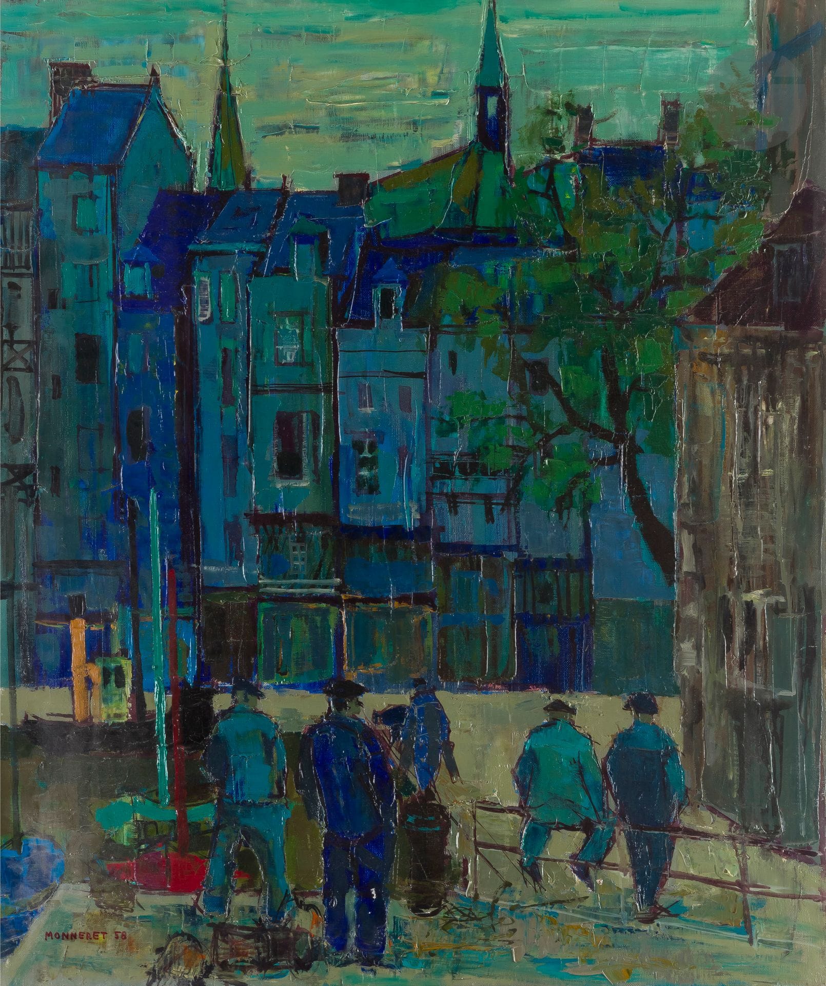 Jean MONNERET (né en 1922)
Pêcheurs au repos, 1958
Huile sur toile.
Signée et datée en bas à gauche.
73 x 60 cm

Bibliographie : 
Éric Mercier, La Jeune peinture, Années 50, Tome II, Panorama de la jeune peinture, Zurich, Artacatos, 2010, reproduit p. 276.