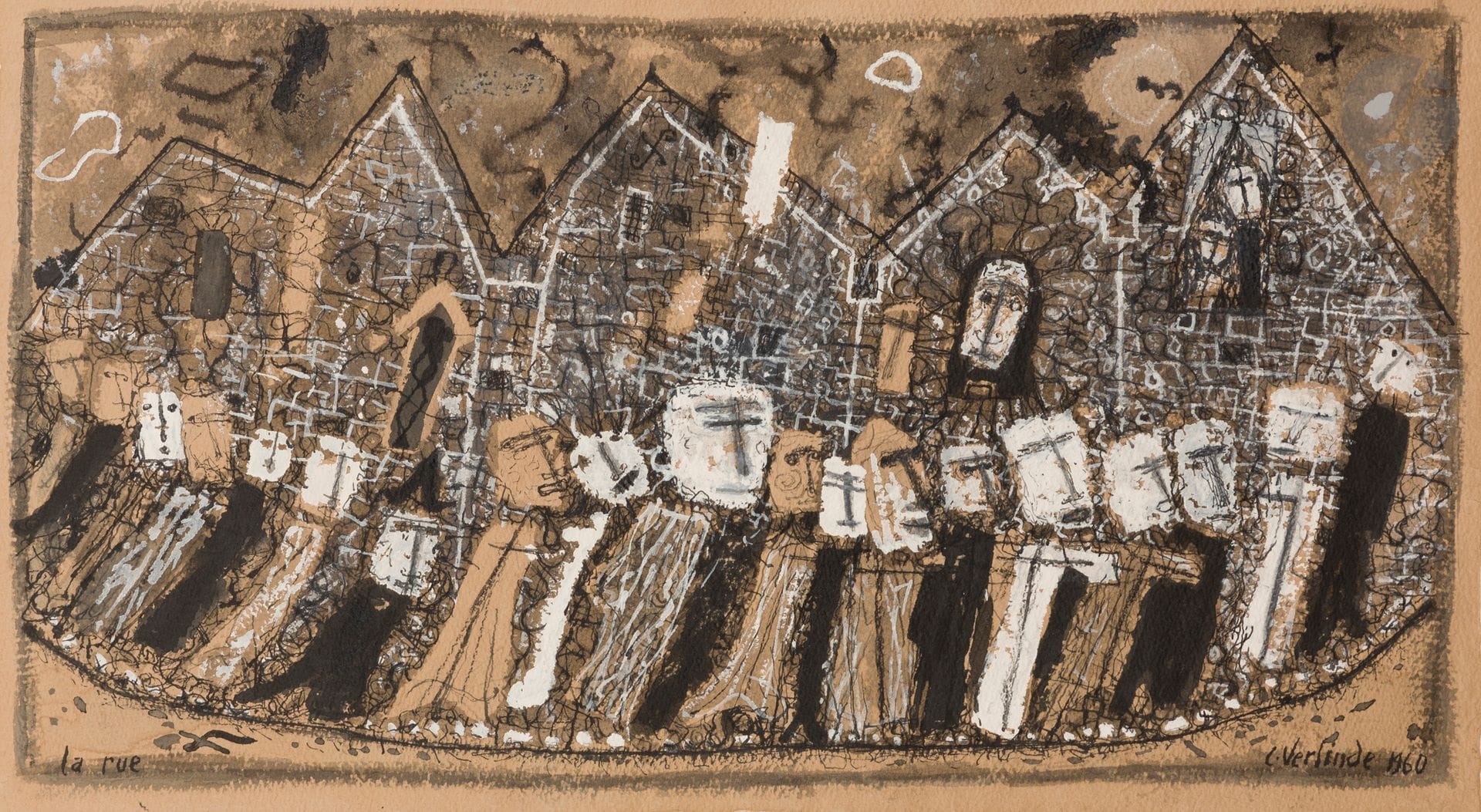 Claude VERLINDE (1927-2020)
La Rue, 1960
Encre et gouache blanche.
Signée et datée en bas à droite.
27 x 47 cm