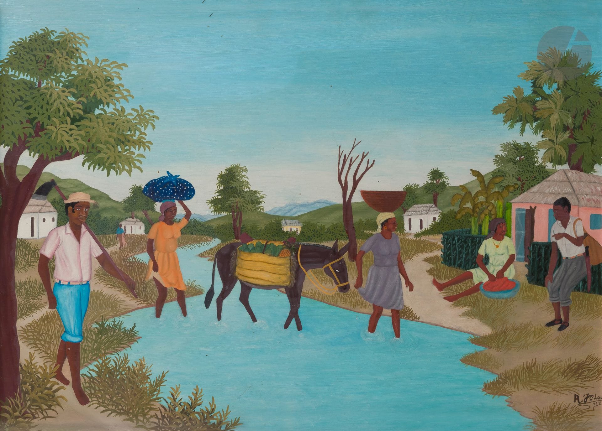 J.R. JN-LOUIS [haïtien] (XXe siècle)
La Traversée de la rivière
Huile sur panneau.
Signée en bas à droite.
44 x 60 cm
