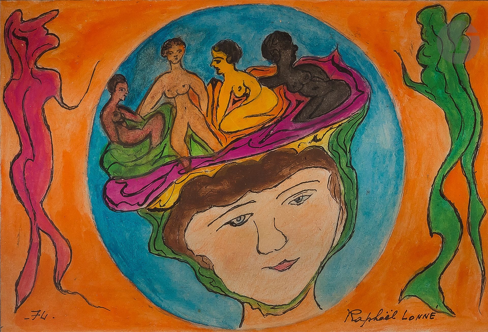 Le Facteur LONNÉ (1910-1989
)Woman with a hat, 1974Ink
, gouache and grease pencil.
Signed lower right.
Dated lower left.
8,5 x 12,5 cmProvenance

: 
- Collection Evelyne and Georges Brun.
- By descent.








