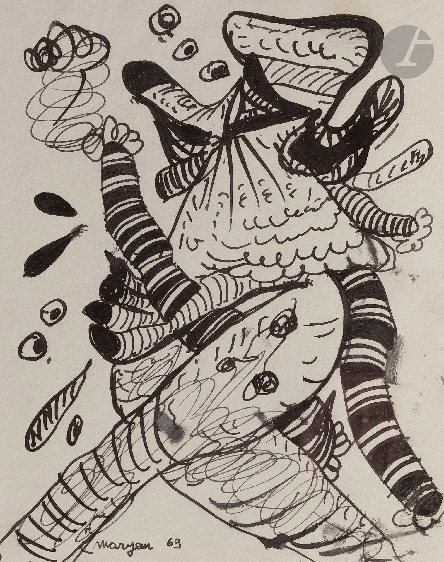 Pinchas Burstein dit Mary MARYAN [polonais] (1927-1977)
Composition, 1969
Encre.
Signée et datée en bas à gauche.
19,5 x 15 cm