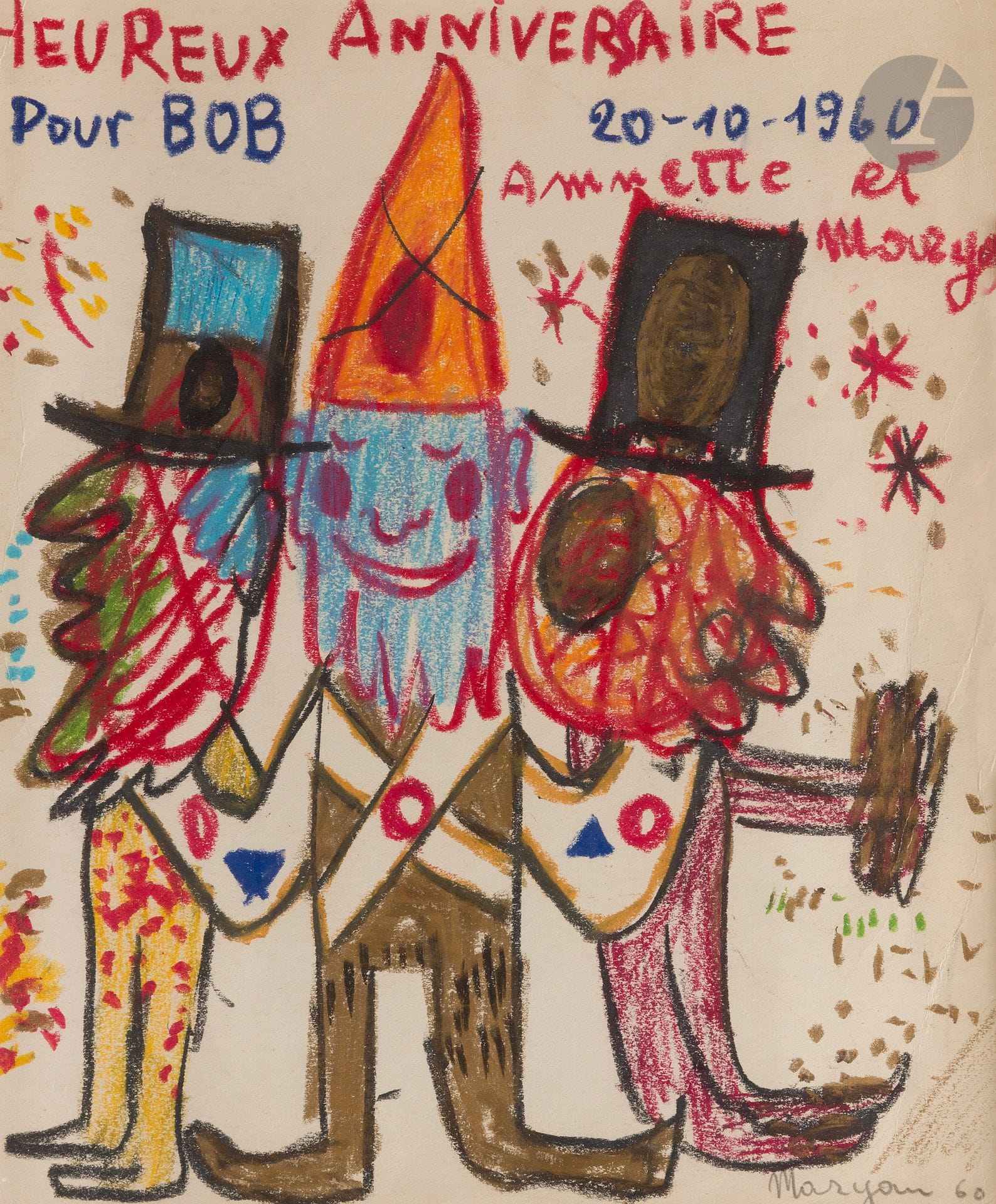 Pinchas Burstein dit Mary MARYAN [polonais] (1927-1977)
Trois personnages, 1960
Pastel gras.
Signé et daté en bas à droite.
Dédicacé « Heureux anniversaire - Pour Bob - 20.10.1960 - Annette et Maryan ».
30 x 24 cm