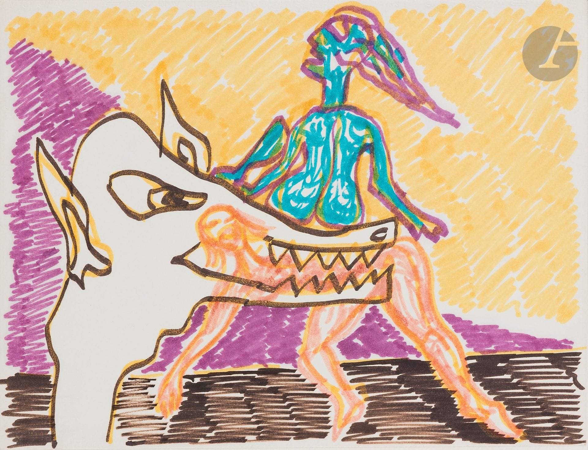 Pierre BETTENCOURT (1917-2006
)Two women and a threatening animal, 1973Felts of
color.
Monogrammed and dated on the back.
24 x 32 cmThe

work is in the artist's archives under the number PBE-1973-D002


.


