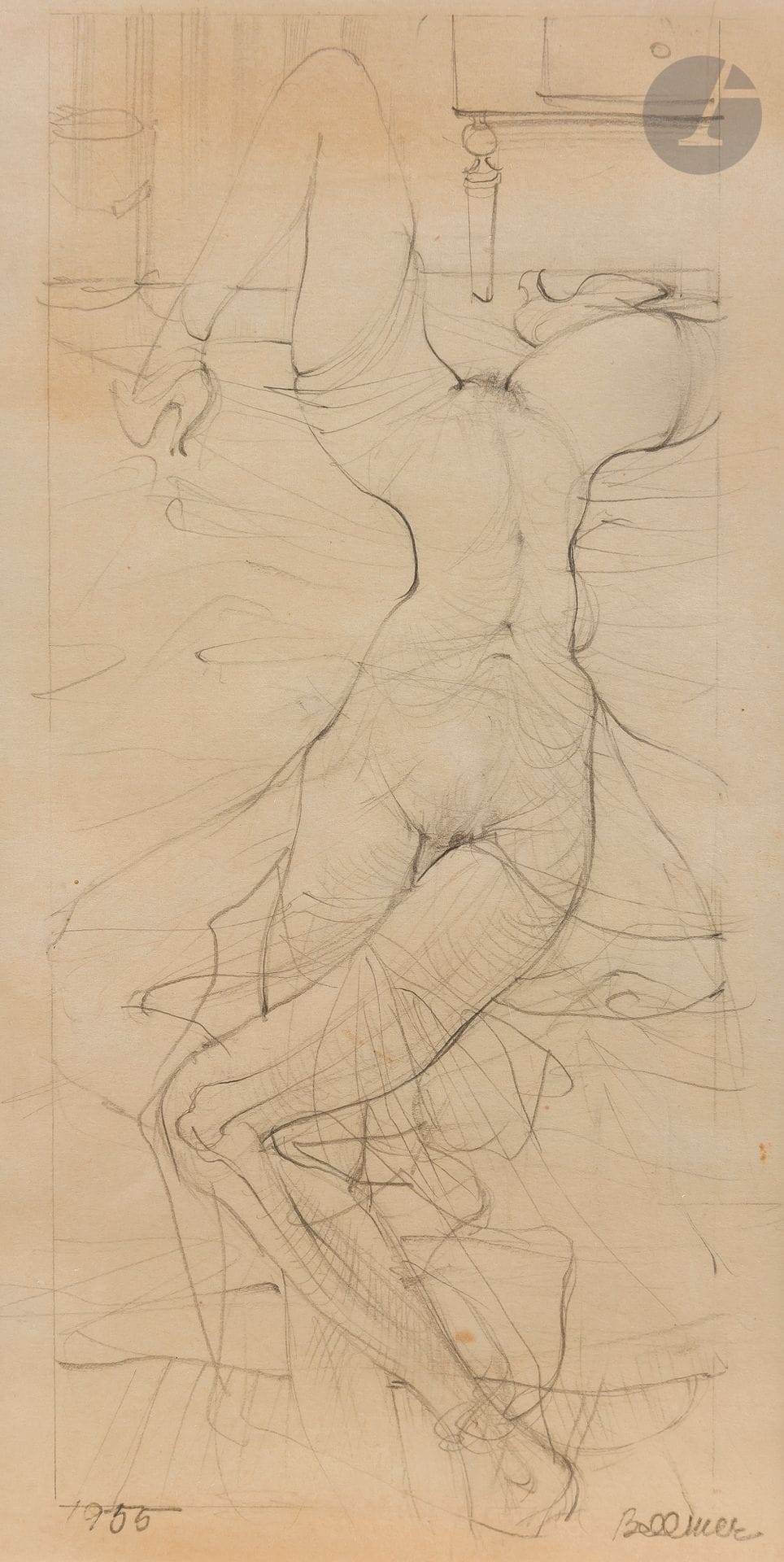 Hans BELLMER [franco-allemand] (1902-1975)
Nu étendu, 1955
Mine de plomb.
Signée en bas à droite.
Datée en bas à gauche.
(Petites décolorations du papier).
20 x 10,5 cm

Provenance : 
- Collection Evelyne et Georges Brun.
- Par descendance.