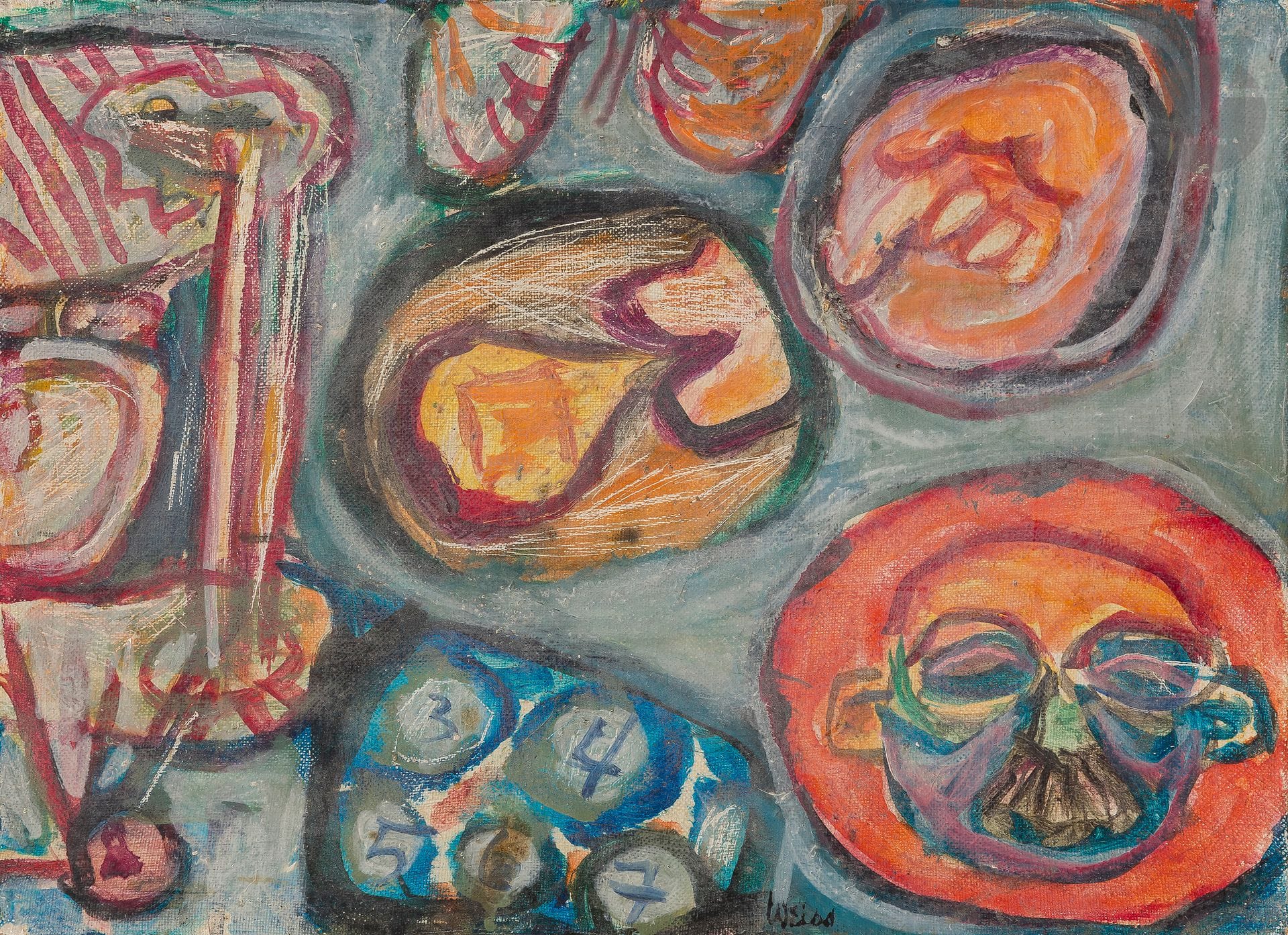 Hugh WEISS [franco-américain] (1925-2007)
Rébus, 1965
Huile sur toile.
Signée en bas vers la droite.
Datée au dos.
(Petits enfoncements et petits manques).
24 x 33 cm