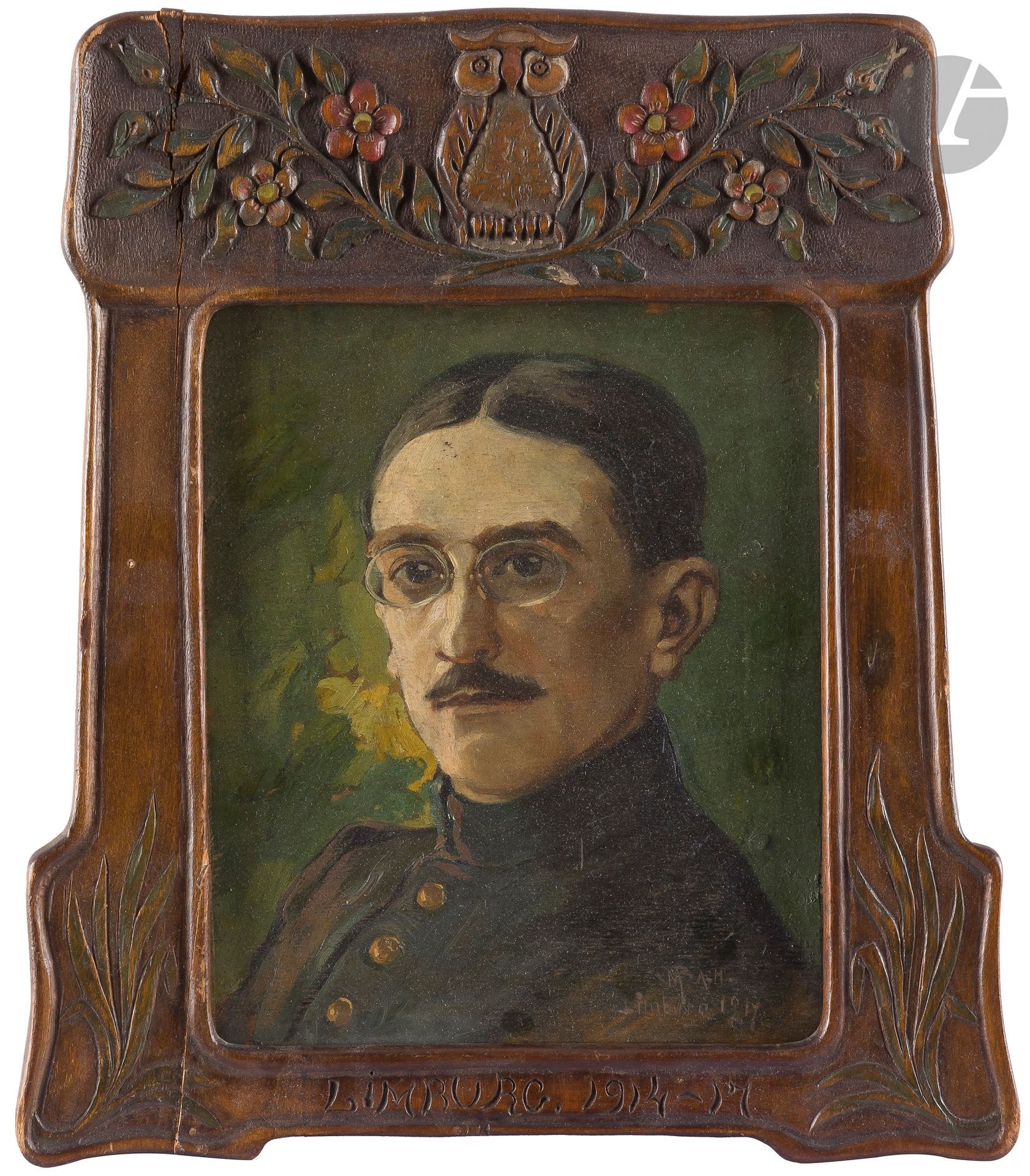 Marcel BACH (1879-1950)
Portrait d’homme, 1917
Huile sur panneau.
Signée, datée et située « Limburg 1917 ».
Dans son cadre sculpté par l’artiste.
29 x 25 cm