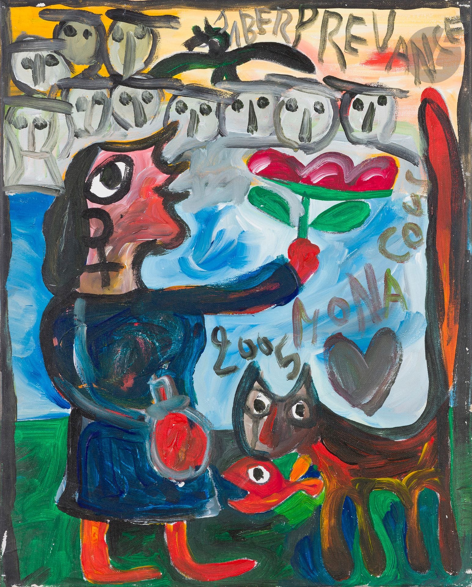 JABER (1938-2021)
Femme à la fleur et au chat, 2005
Acrylique sur toile.
Signée et datée dans la composition.
50 x 40 cm