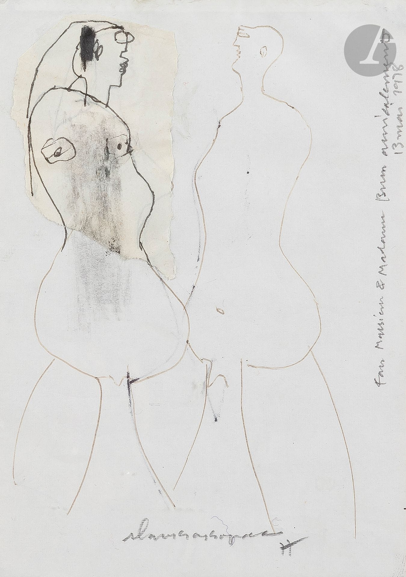 Slavko KOPAC [croate] (1913-1995)
Couple nu, 1977
Encre et collage sur papier.
Signée et datée en pied.
Dédicacée : « Pour Monsieur et Madame Brun, amicalement/13 mai 1978. »
15,5 x 11 cm

Provenance : 
- Collection Evelyne et Georges Brun.
- Par descendance.