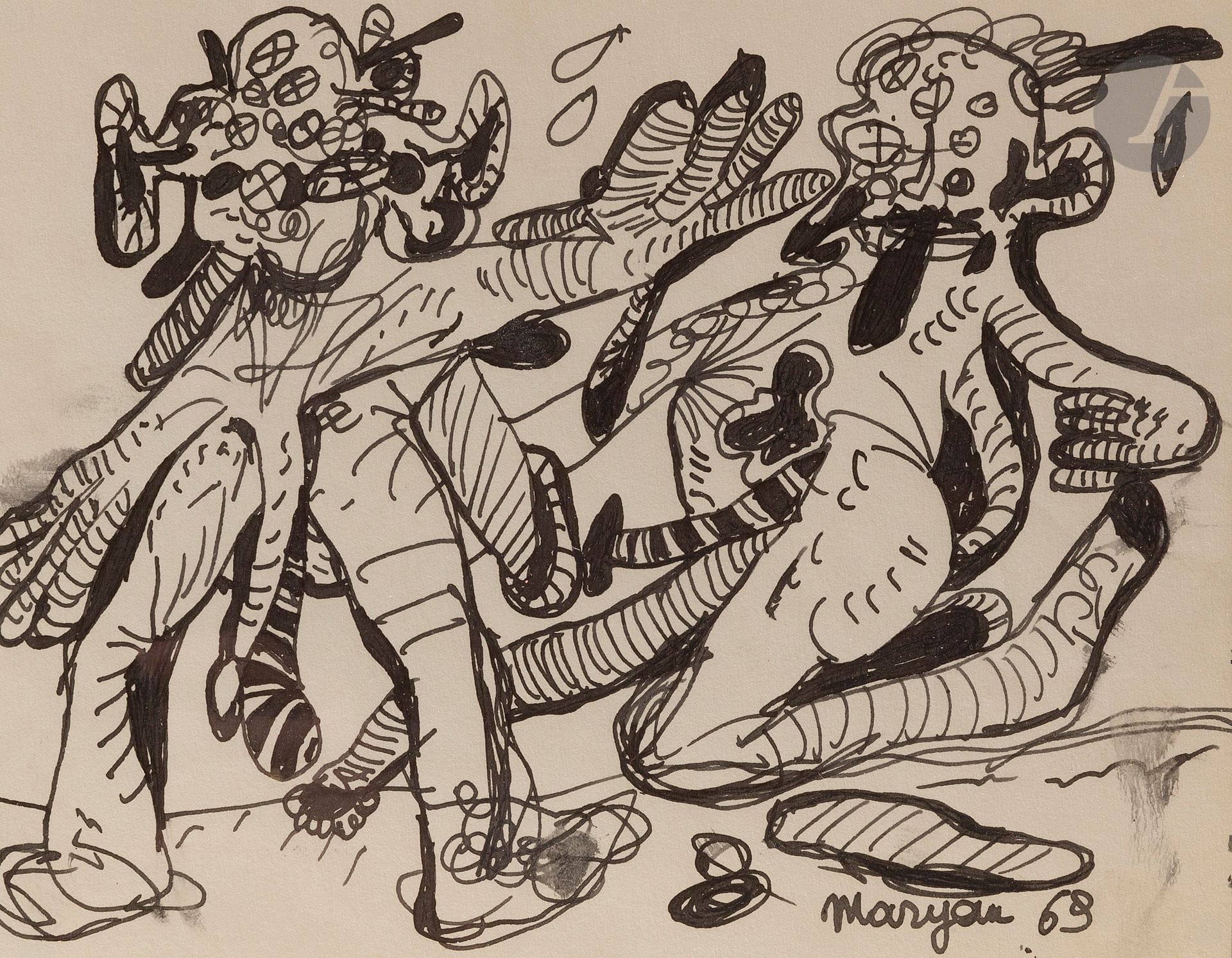 Pinchas Burstein dit Mary MARYAN [polonais] (1927-1977)
Composition, 1969
Encre.
Signée et datée en bas à droite.
15,5 x 19,5 cm