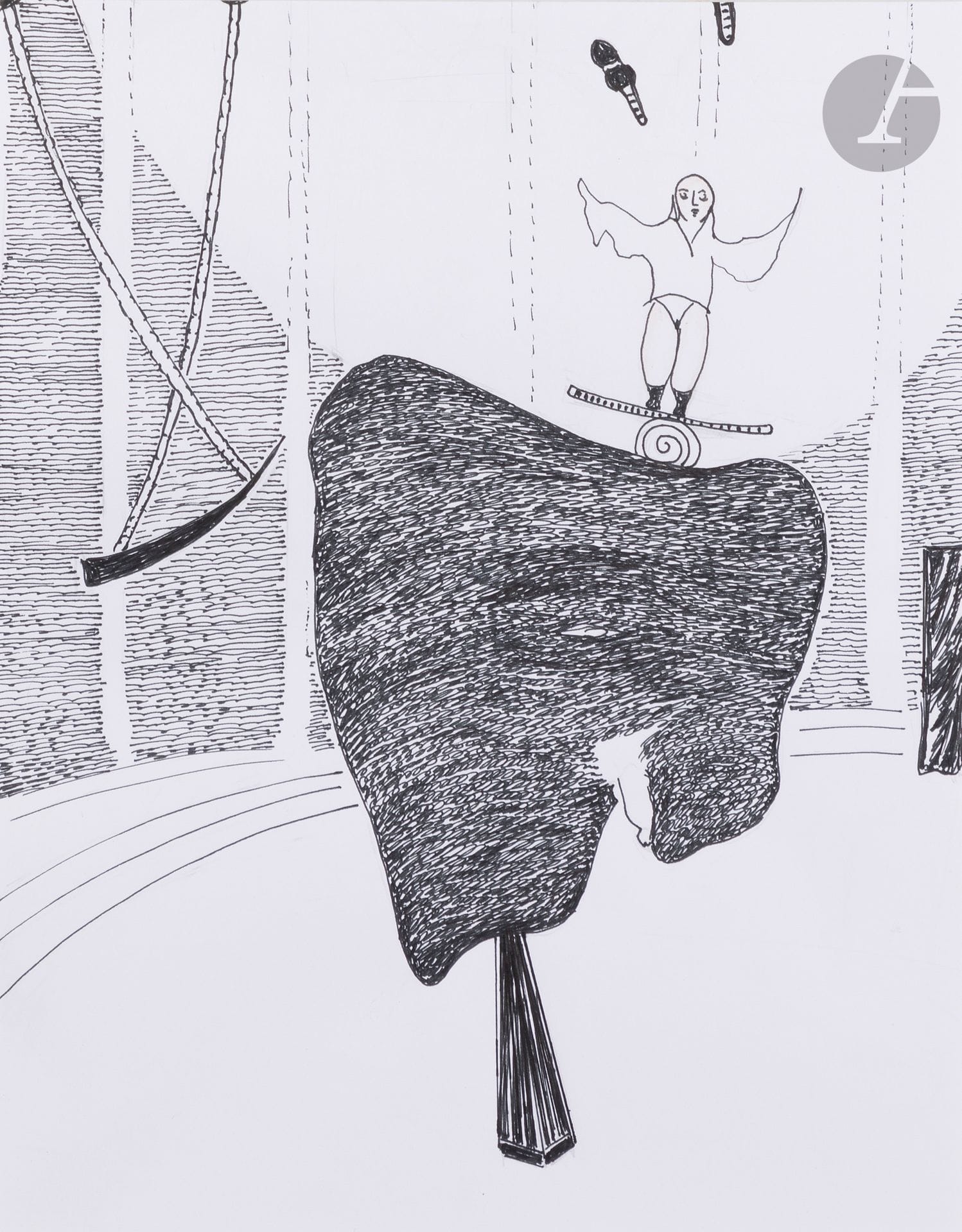 Dominique LE TRICOTEUR (né en 1950)
Le Cirque
Encre et crayons de couleur.
Signée au dos.
27 x 20,5 cm

Exposition :
À Balzac à Rodin, Paris, octobre 2021.

Bibliographie : 
Dominique Le Tricoteur, texte de Vanessa Gemayel, Le Cirque, Paris, Éditions Diptic, 2021 (livre joint avec envoi à Pierre Tchernia).