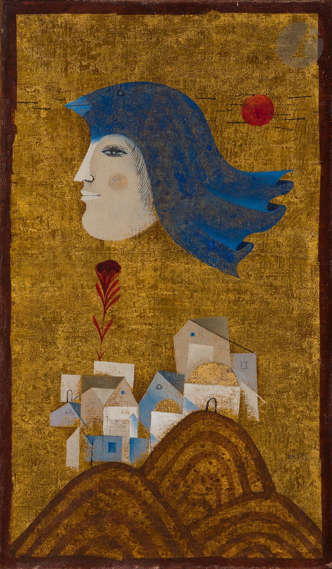 Sami BRISS [franco-israélien] (né en 1930)
Profil à l’oiseau
Huile et feuille d’or sur toile.
Signée en bas à droite.
46 x 27 cm