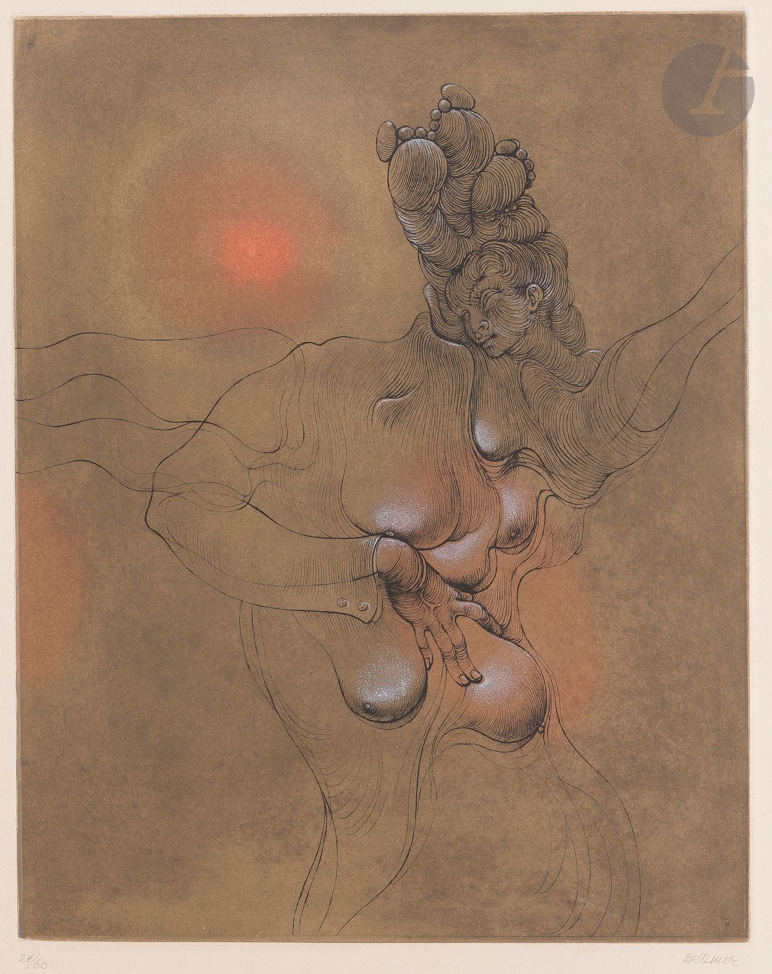 Hans BELLMER [franco-allemand] (1902-1975)
Le Bon sens, 1964
Eau-forte et aquatinte couleur.
Signée et numérotée sur 60.
66 x 50,5 cm

Provenance : 
- Collection Evelyne et Georges Brun.
- Par descendance.
