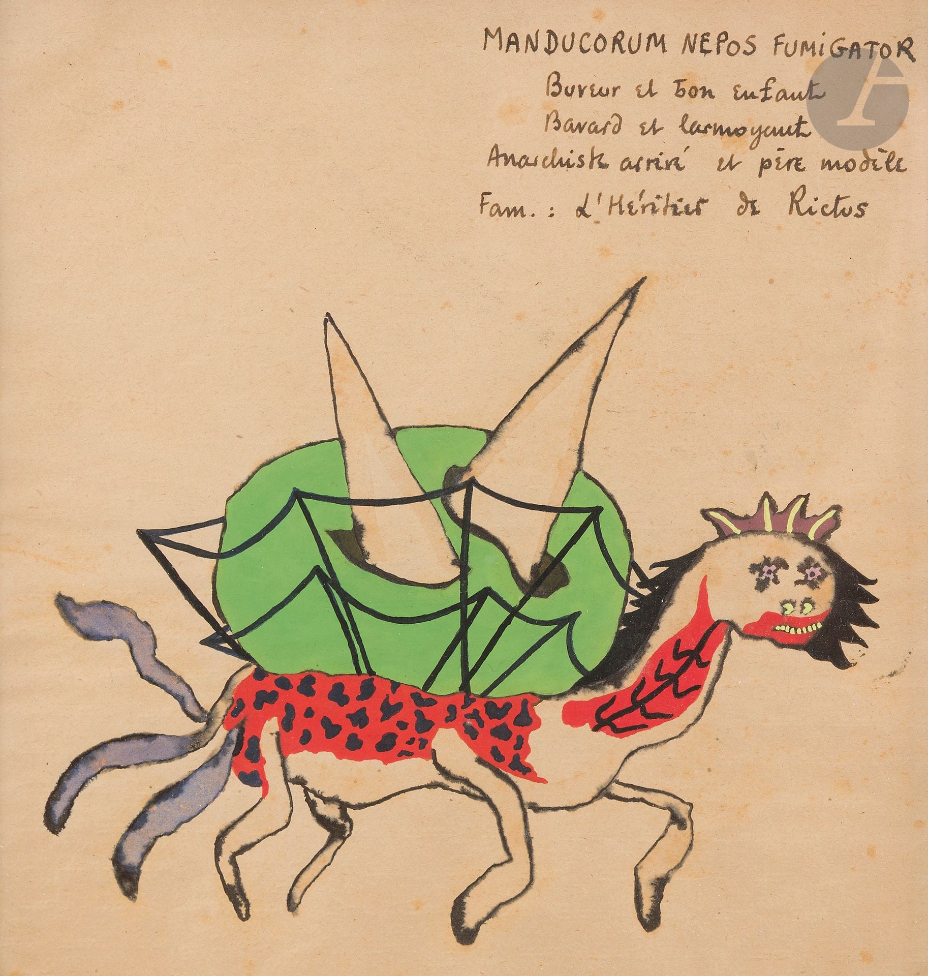 Georges HUGNET (1904-1974)
Manducorum Nepos Fumigator
Encre et gouache sur papier de nappe.
Titrée et légendée en haut à droite.
24 x 23 cm