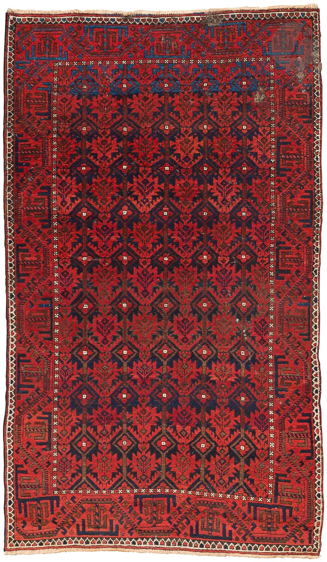 BELOUCH
Carpet with decoration of blue navy motives on old red bottom, border with geometrical garlands.
183 x 110 cm
Abrache, wear, mité