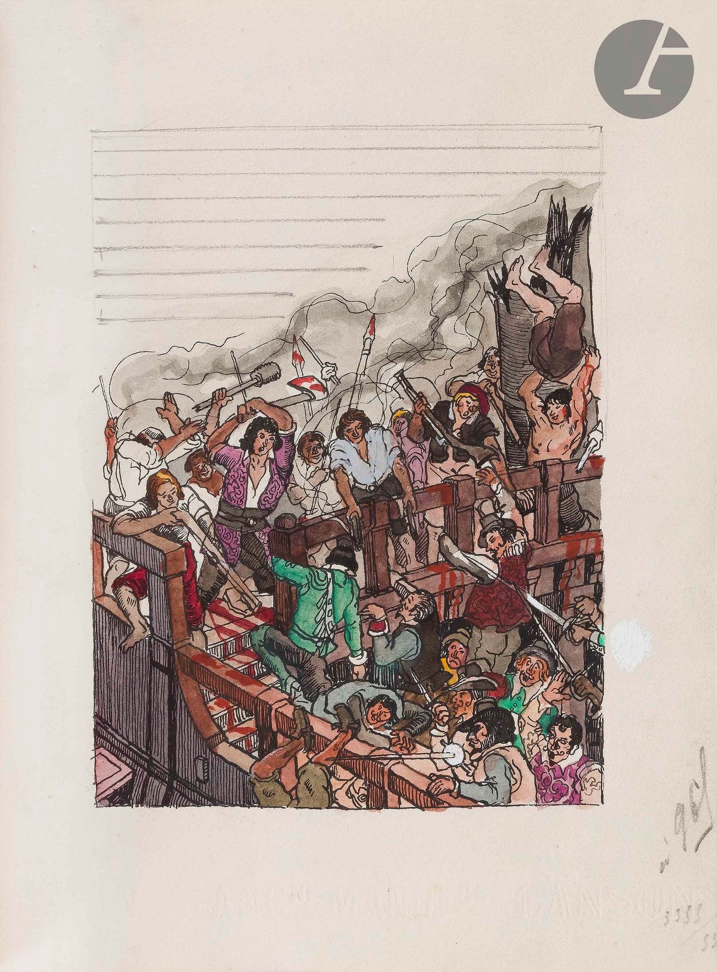 NOEL (Pierre) - FARRÈRE (Claude).
Thomas l’Agnelet Gentilhomme de fortune.
Paris : Éditions Mornay, 1928. — In-8, 199 x 151 : (4 ff. premier blanc), 453 pp., (2 ff.), couverture illustrée. Maroquin rouge janséniste, dos à nerfs, encadrement de maroquin rouge à l’intérieur, orné d’un filet gras doré, tête dorée, non rogné, couverture et dos conservés, étui (Trinckvel).

Édition illustrée de soixante-dix compositions de Pierre NOËL, dont huit à pleine page, coloriées au pochoir. Elle constitue le quarante-troisième livre de la collection « Les Beaux livres ».

Tirage à 1068 exemplaires. UN DES SOIXANTE SUR JAPON IMPÉRIAL, celui-ci faisant partie des huit hors commerce, spécialement imprimé pour Valère Bachmann, fils de l’épouse de Georges Mornay, fondateur de la maison d’édition, qui reprendra la société en 1935.

Exemplaire enrichi d’une suite des illustrations en noir sur chine, ainsi que de deux dessins originaux de Pierre Noël, non signés, ayant servi à l’illustration du livre.

Bel exemplaire, très bien conservé.
Provenance : Valère Bachmann.