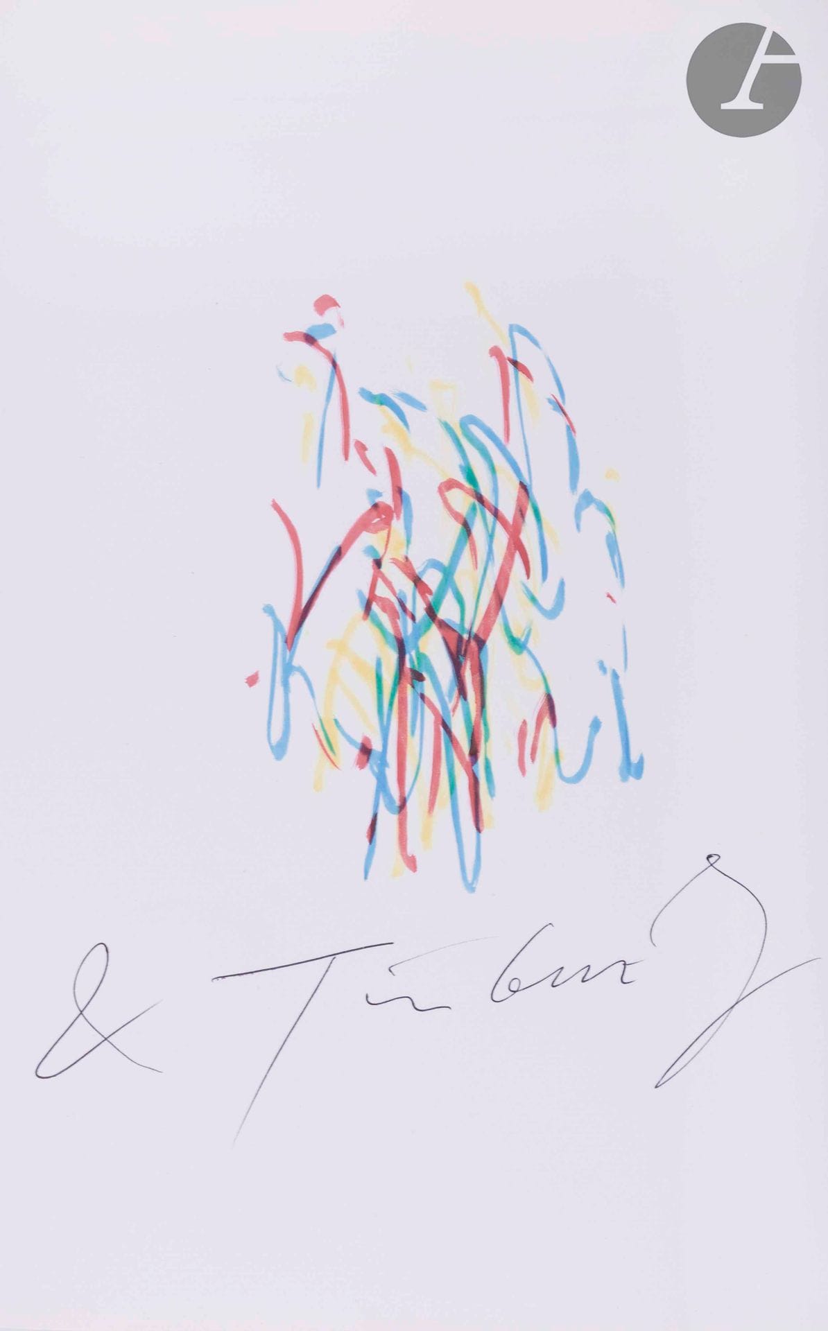 TINGUELY (Jean) - PONTUS HULTÉN (Karl Gunnar).
Jean Tinguely. “Méta”.
Paris : Pierre Horay, [1973]. — In-4, 305 x 214 : 363 pp., 1 planche de dessin. Cartonnage en forme de valisette en toile blanche décorée de reproductions de dessins de Tinguely en couleurs, rabat avec poignée en imitation cuir et fermoir, carton de l’éditeur imprimé au dos. 

Édition originale de cette monographie de référence sur le peintre, sculpteur et dessinateur suisse Jean TINGUELY (1925-1991), illustrée de très nombreuses photographies et reproductions d›œuvres en noir et en couleurs.

Livre d’art avant tout, il fut également conçu comme un livre-objet, présenté sous la forme d’une valisette.

Exemplaire bien complet du disque vinyle et surtout du dessin original signé de l’artiste que l’on trouve sur un feuillet hors texte détachable entre les pages 80-81, comprenant au verso le cachet : « Peinture exécutée en collaboration avec “meta-matic n° 8” de Tinguely » daté de Stockholm le premier septembre 1974. 

Exemplaire parfaitement conservé dans sa boîte d’origine. Cette dernière est salie et tachée par endroits.