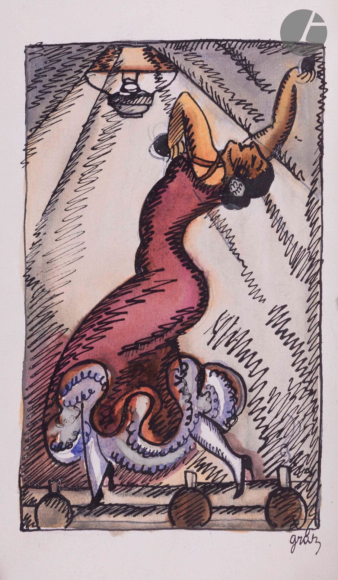 LOUŸS (Pierre).
La Femme et le pantin. 
Paris : Georges Crès et Cie, Les Maîtres du livre, 1912. — In-8, 186 x 129 : portrait, (4 ff. deux premiers blancs), 227 pp., (1 f.), couverture imprimée. Demi-maroquin citron à coins, filets dorés, dos à nerfs orné au centre d’un quadrilobe doré et mosaïqué de maroquin bleu, tête dorée, non rogné, couverture conservée (reliure de l’époque). 

Belle édition formant le quatorzième volume de la collection « Les Maîtres du livre », tirée à 960 exemplaires et illustrée d’un portrait de l’auteur en frontispice, gravé sur bois par le peintre et graveur suisse Pierre-Eugène VIBERT (1875-1937).

Un des 900 exemplaires sur papier de Rives, celui-ci étant un exemplaire unique, enrichi de ONZE AQUARELLES ORIGINALES SIGNÉES DU PEINTRE ET DÉCORATEUR SUISSE JOHN GRAZ (1891-1980).

Réalisées par l’artiste en 1919 pour monsieur Vogt, la première a été faite sur papier vélin placée avant le portrait, les dix autres sont à pleine page en tête de dix des quinze chapitres du livre. Chaque dessin est signé par l’artiste excepté le premier autour duquel Graz a écrit le titre du livre et donné cette précision : « avec des imageries originales de John Graz. Fait pour monsieur Vogt en 1919. » Sans autres indications, il est difficile de déterminer qui est ce monsieur Vogt.

Exemplaire très bien conservé.