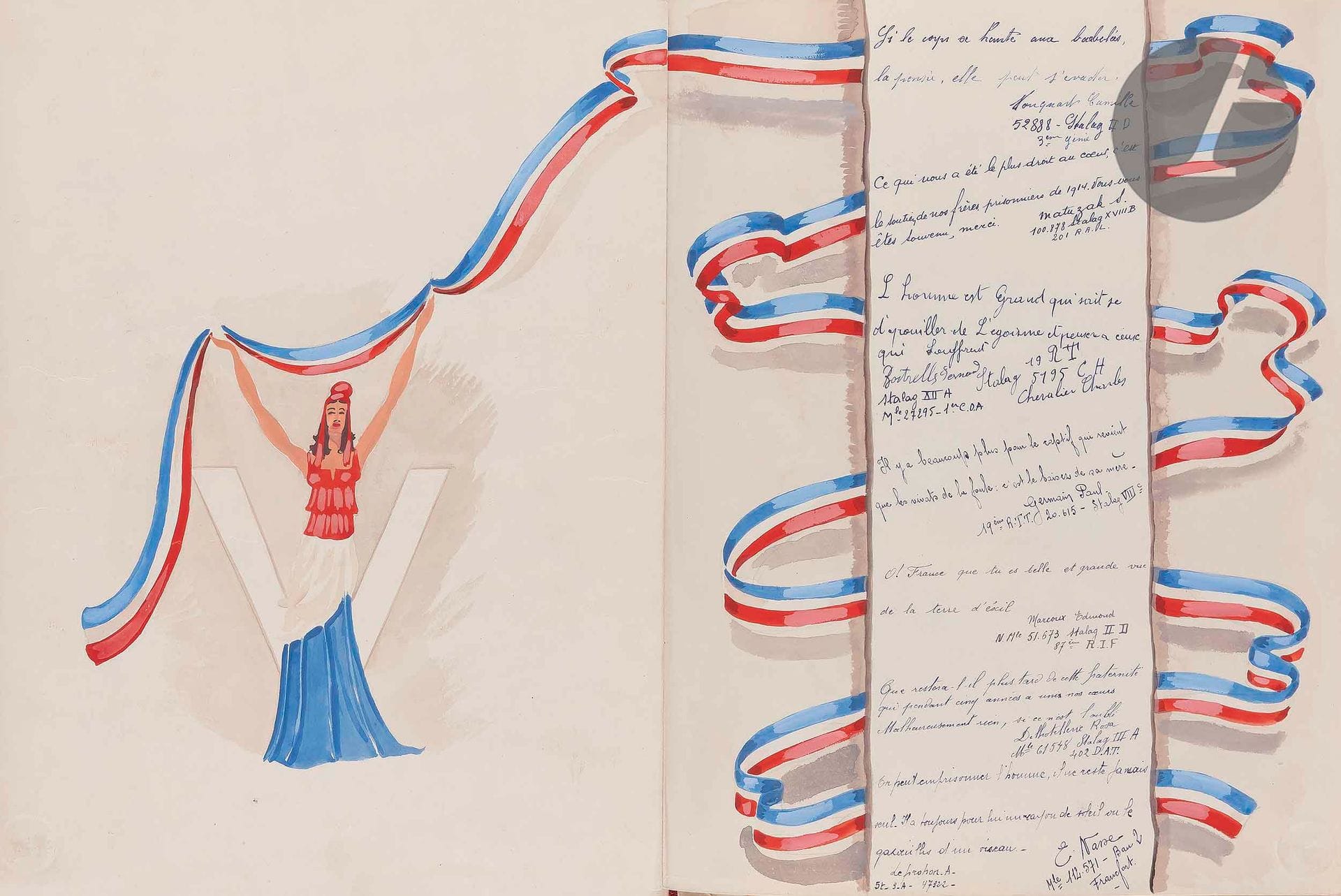 [GUERRE MONDIALE (1938-1945)]. [STALAG]. [VALLOUREC].
Les anciens prisonniers à Mr. Favart.
En français, manuscrit sur papier avec témoignages à l’encre et au crayon ; avec nombreux dessins à la gouache, au crayon et à l’aquarelle (certains signés des anciens prisonniers). 

Document en feuilles (chemise illustrée et 12 ff.), feuillets conservés dans une chemise articulée de plein maroquin rouge, titre doré sur le plat supérieur « Les prisonniers du groupe Vallourec remercient Monsieur Favart », chemise en maroquin signée « Claude Houdant » (contre-plat supérieur). 

Joint :
Lettre tapuscrite sur papier à entête du Secrétariat d’état au commerce, signée du Directeur-adjoint au Commerce intérieur J. Bernardini, nommant M. Favart à l’Ordre du mérite commercial (daté 22 janvier 1954).
France, Nord (Valenciennes) et Bourgogne (Montbard), et autres lieux, 1945-1946.
Dimensions de la chemise articulée : 257 x 334 mm ; dimensions des feuillets : 250 x 320 mm

Vallourec est un fabricant de tubes en acier sans soudures et de produits tubulaires spécifiques destinés principalement aux marchés du pétrole et gaz, mais historiquement aussi au secteur de l’industrie (mécanique, automobile et construction). Les fabricants de tubes français commencent à adopter un procédé de laminage des tubes en acier sans soudure et des sites industriels sont créés dans le Nord et en Bourgogne. La Société française des corps creux, située à Montbard, constitue l’un des piliers historiques du groupe. En 1931, naît un partenariat industriel et commercial entre les établissements de Valenciennes, Louvroil et Recquignies gérés par une nouvelle société, dont le nom, Vallourec, résulte des premières syllabes de ces trois villes.

Ce recueil de dessins et de témoignages manuscrits des plus émouvants fut rassemblé après la guerre et offert à l’un des directeurs de Vallourec, Monsieur Maurice Favart, pour remercier l’homme et l’entreprise des colis et attentions envoyés pendant la détention dans plusieurs stalags d’employés de Vallourec. Il est impossible de citer tous les textes, tous plus touchants les uns que les autres, composés juste au lendemain de la libération. L’un, assez court, donne la teneur de ces textes : « Lorsque nous étions, là-bas, loin de la France / Ces colis si précieux, crevant les barbelés / Aide si attendue, apportaient la santé / Et faisaient, plein d’espoir, attendre la délivrance / Elle est enfin venue, et je veux dire ici / A tous qui ont œuvré pour nous aider, Merci ! » [signé] Marcel Malouin (?). Stalag XII F.