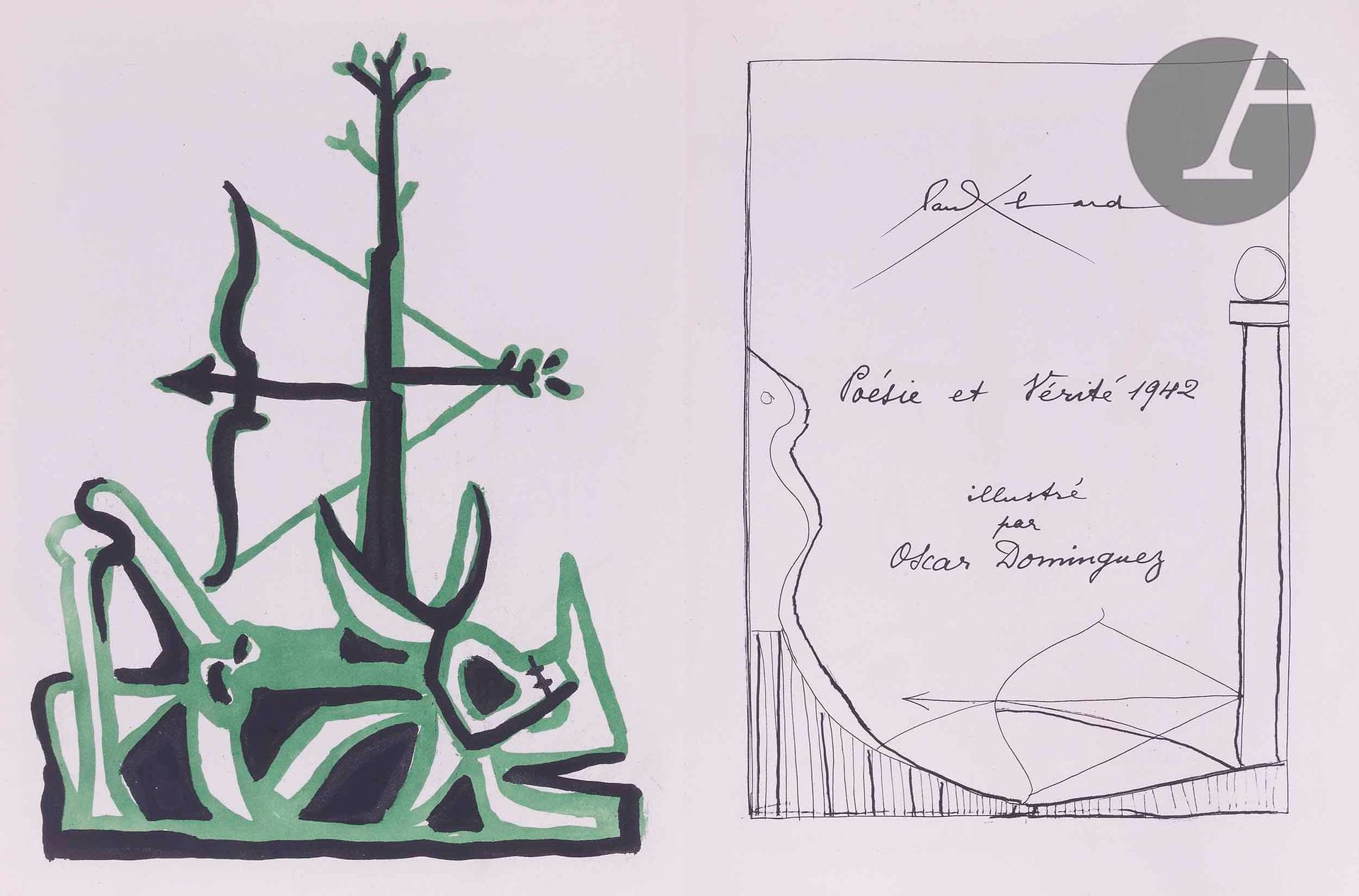 DOMINGUEZ (Oscar) - ÉLUARD (Paul).
Poésie et Vérité 1942.
[Paris : Les nourritures terrestres, 1947]. — In-folio, (36 ff. premier et dernier blancs), couverture illustrée. En feuilles, couverture rempliée, chemise et étui de l’éditeur.

Belle édition tirée à 221 exemplaires, ornée de trente-trois eaux-fortes originales du peintre surréaliste espagnol Oscar DOMINGUEZ (1906-1957) dont une sur la couverture, une en couleur en frontispice, les autres en encadrement à chaque page du texte. Ce dernier, ainsi que la justification, le titre et l’achevé d’imprimer, ont été reproduits en fac-similé de l’écriture d’Éluard.

Un des 220 exemplaires sur vélin de Lana, celui-ci faisant partie des 185 parus sans suite, très bien conservé malgré quelques légères traces de frottements sur l’étui.