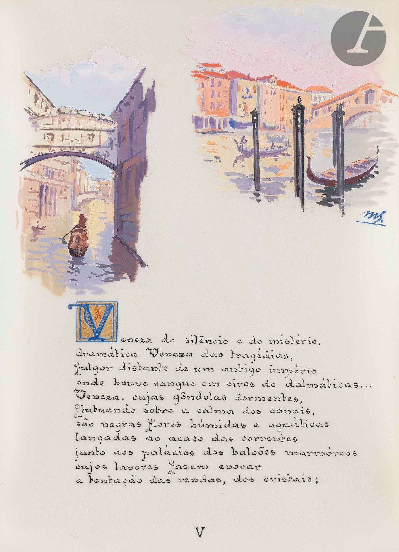 [GUERRA (Oliva)].
Italia.
En portugais et en italien, manuscrit illustré et calligraphié sur parchemin.
Portugal (Italie ?), vers 1920 (?).
Avec des dessins à la gouache dont un est signé « Maria Emilia Barbosa Viana » (planche X).
10 ff., conservés dans une chemise de parchemin avec titre, texte copié à l’encre, dessins et illustration des ouvrages en feuilles conservé dans une boîte de cuir noir, doublée de soie blanche.
Dimensions de la boîte : 220 x 300 mm ; dimensions des feuillets : 200 x 275 mm