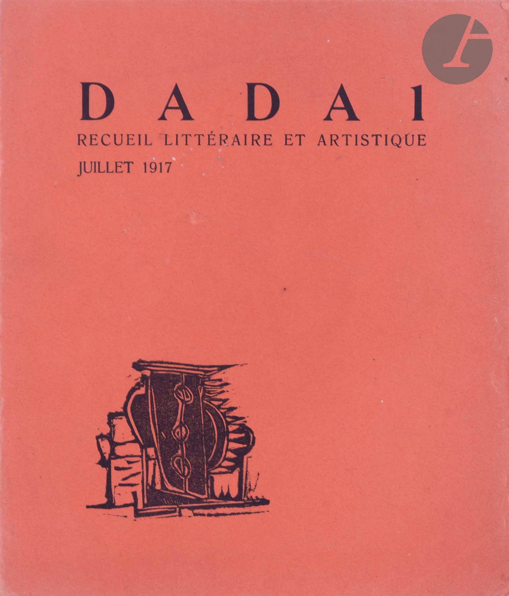 [REVIEW].
Dada 1. Literary and artistic collection.
[Zurich : impr. J. Heuberger], July 1917. - Brochure in-8, 232 x 196; (9 ff.), illustrated cover. Stapled. 

First issue only, out of eight published, of this famous Dada magazine directed by Tristan Tzara, which marked a major turning point in contemporary literature.

Texts by Tristan Tzara, Alberto Savinio, Nicola Moscardelli and full page illustrations by Janco, Arp, Lüthy and Prampolini. The first cover is illustrated with a wood by Hilla de Rebay.

A very well preserved copy. The last leaf is flying.
Tears on one edge of the last leaf, without affecting the text.








