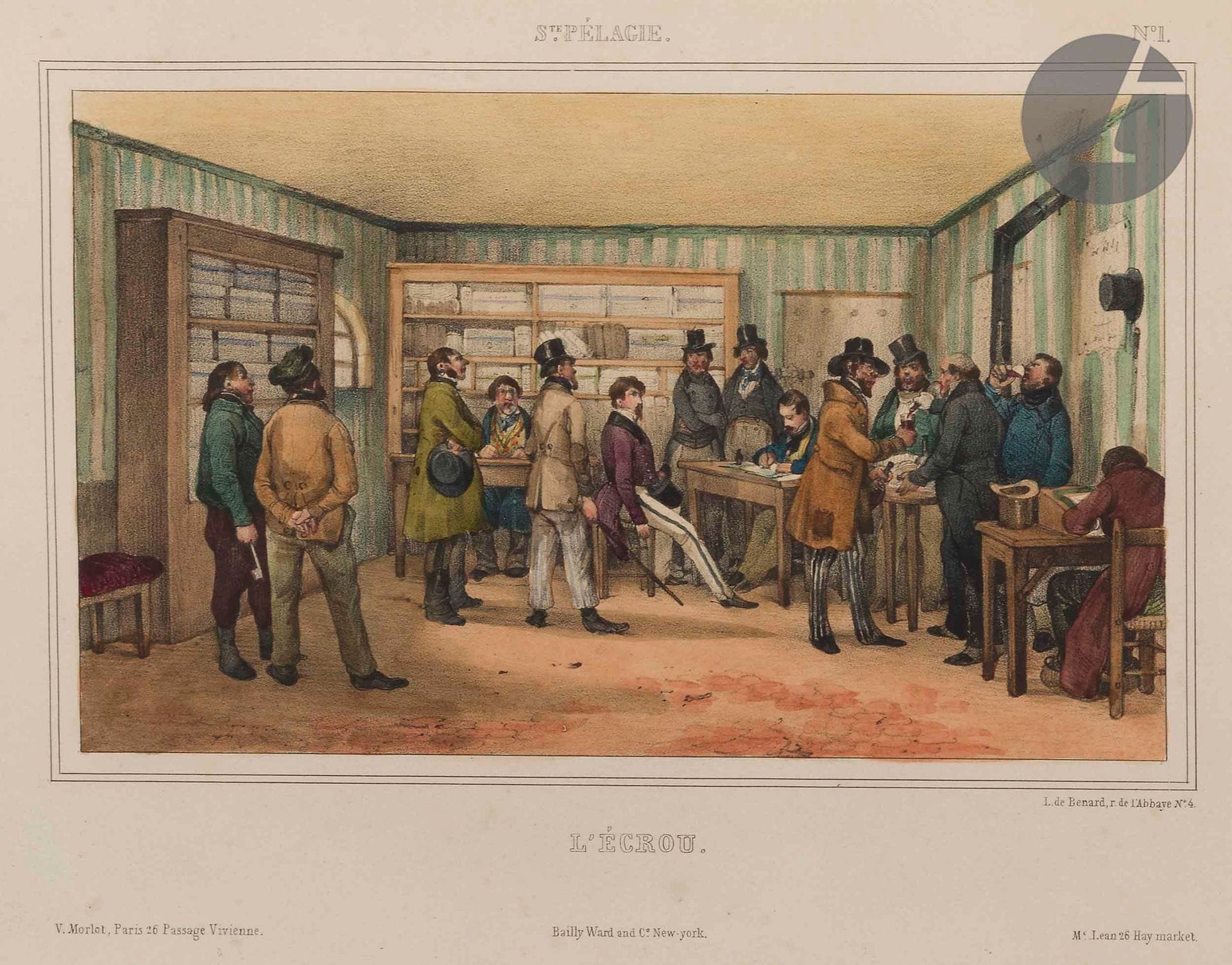 ADAM (Victor).
Sainte Pélagie.
Paris : V. Mourlot, [1833]. — Album in-4, 324 x 255 : 12 lithographies montées sur onglets. Demi-maroquin grenat à long grain, dos lisse (reliure moderne). 

Très bel et rare album de douze lithographies originales de Victor ADAM se rapportant au séjour des détenus à la prison Sainte-Pélagie à Paris.

Ces lithographies ont pour titre : 1. L’Écrou. - 2. Chambre du détenu malheureux. - 3. Chambre du détenu philosophe. - 4. Les Élections. - 5. Le Cabinet de lecture. - 6. Le Cabaret. - 7. Le Café. - 8. Le Repas dans la cour. - 9. Les Jeux dans la cour. - 10. Le Bain du créancier. - 11. La Paye. - 12. Sortie du débiteur.

Exemplaire en épreuves coloriées à l’époque, très bien conservé. Toutes les lithographies sont montées sur onglets.
Dos passé et quelques traces de frottements. Quelques rares rousseurs claires.