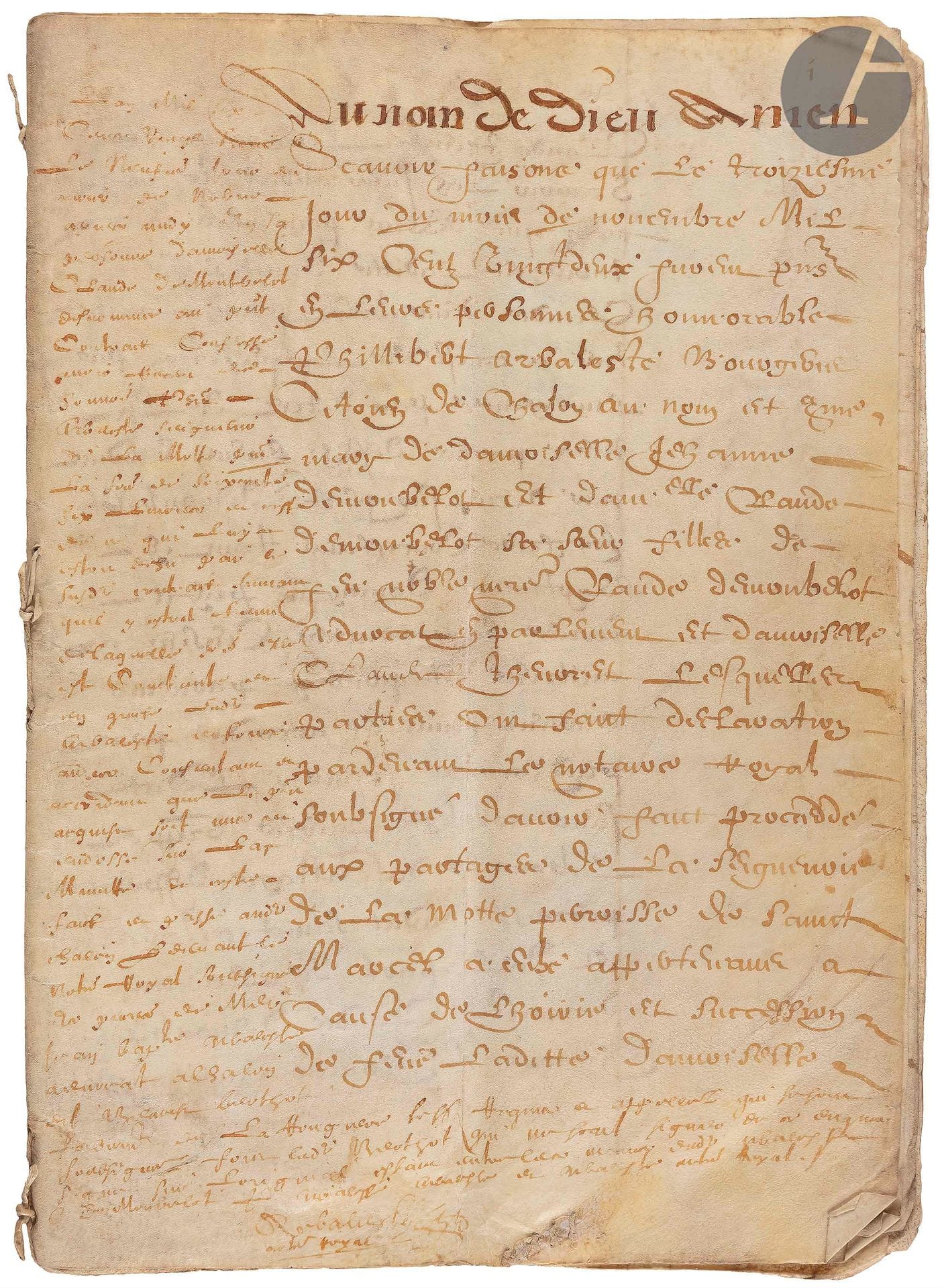 [SAÔNE-ET-LOIRE].
Partage en faveur de Damoyselle Jeanne de Montbelot et Claude de Monbelot, sœurs, filles de Claude de Monbelot, relative à la seigneurie de la Motte, paroisse de Saint Marcel.
En français, acte sur parchemin, 16 ff.
Saint-Laurent-lez-Chalon, 3 novembre 1622.
Dimensions : 200 x 290 mm

Le château de la Motte est situé sur la commune d’Épervans en Saône-et-Loire.