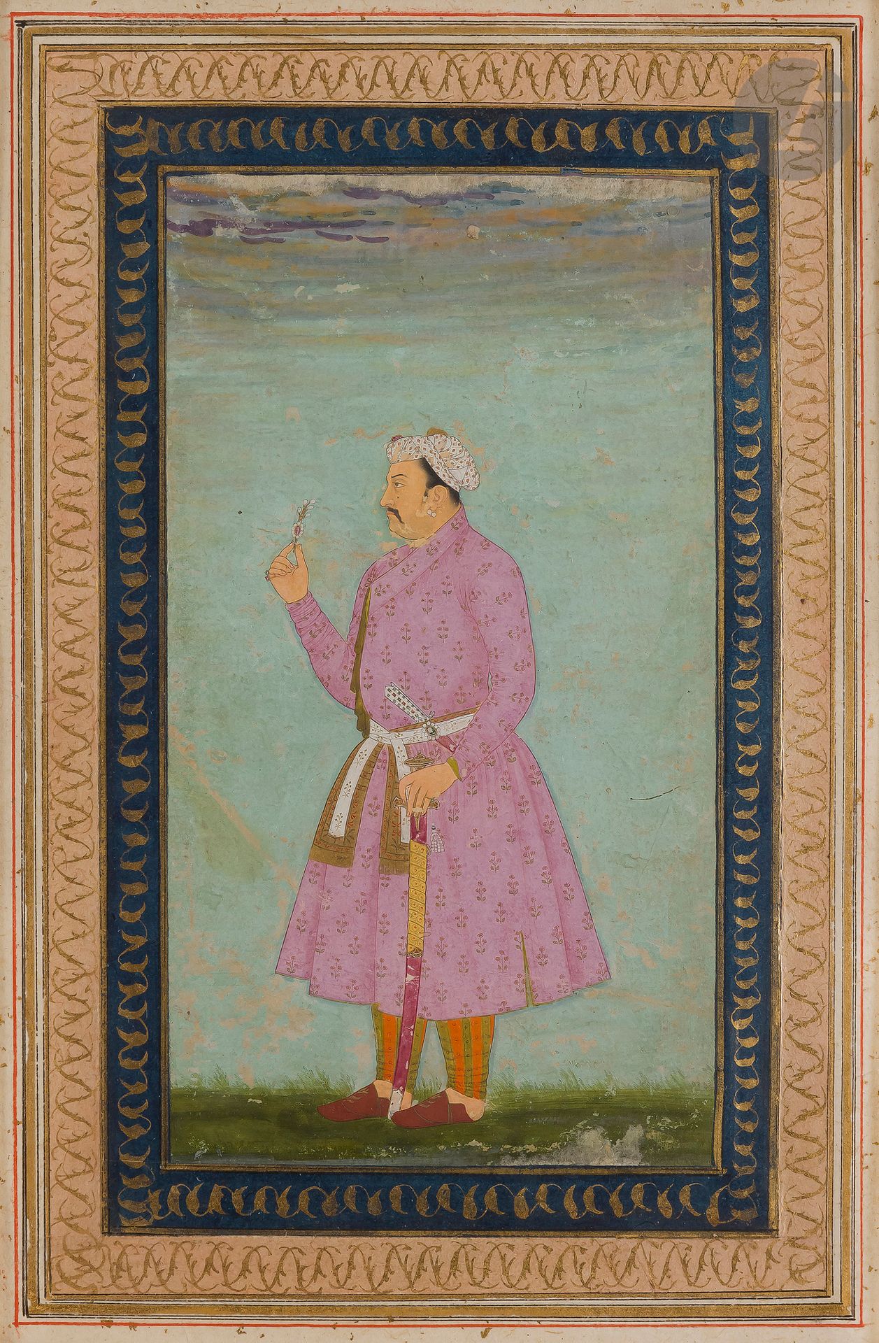 Portrait of a man with a purple jama, Mughal India, 18th century
Pigments and gold on paper depicting a full-length man facing left. He is wearing a white turban with a checkerboard pattern and a mauve jama with a white and gold sash, over gold and orange striped pants. He holds a sarpush in his right hand and is armed with a talwar in his left hand and a katar tucked into his belt. Painting mounted on album page with later double framing of gold interlacing on blue and beige paper and wide beige margin speckled with gold. On the back, annotations 72 and 72 / 27A and seal of Mirza Asaf ud-Daula dated 1182 H / 1768.
Page size 58.8 x 43 cm; painting on view: 18.1 x 10.6 cm
Chips and wear.

A Mughal Portrait of a Man in Purple Jama, India, 18th century 

Private collection in Paris from 1975 to 2000 - first part (lots 120 to 173).