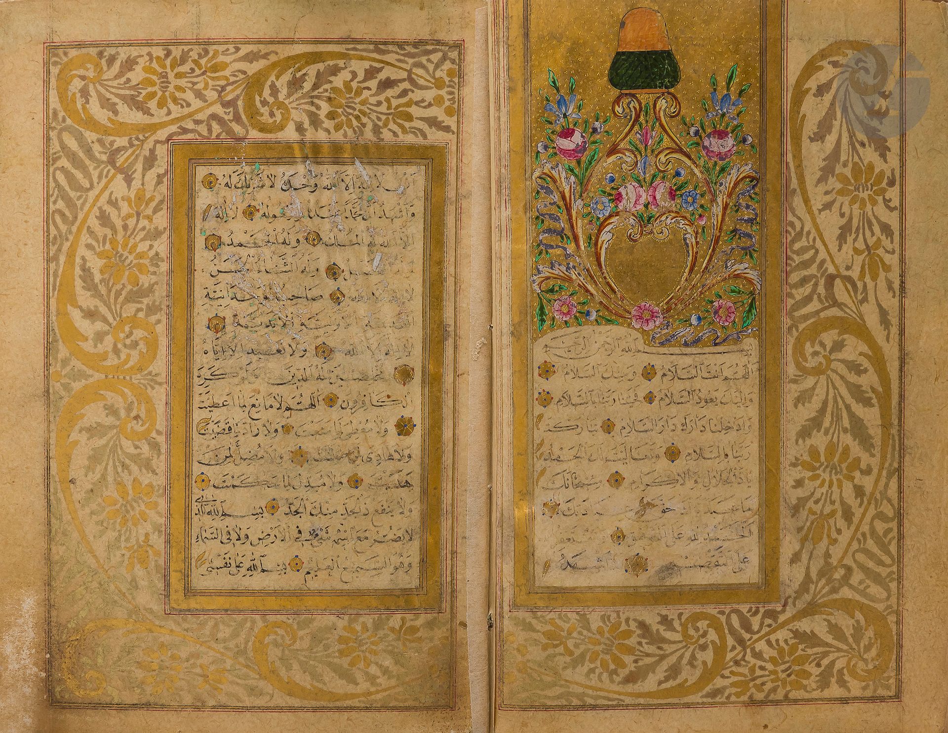 Livre de prière soufi de l’ordre Mevlevi, Turquie ottomane, signé et daté 1280 H / 1863
Manuscrit sur papier de quinze lignes de texte par page, en arabe naskhi, à l’encre noire. Première double-page enluminée de larges marges à décor de rinceaux et tiges florales, et petit frontispice à décor floral ordonné autour de palmettes enroulées supportant un turban de derviche. Le texte ponctué de rosettes et autres motifs floraux enluminés, différentes sections séparées par des bandes dorées ou des cartouches inscrits sur fond d’or. Colophon final orné de fleurs polychromes sur fond doré donnant le nom du copiste al-Ilhami al-Mevlevi et la date de 1280 H / 1863. Sous le colophon, annotations postérieures à l’encre et cachet de propriétaire. Reliure à rabat en maroquin vert à décor peint aux ors d’une tige florale, un petit fleuron dans chaque écoinçon, les contre-plats couverts de papier bleu estampé d’entrelacs.
Dim. reliure : 15,2 x 10,8 cm
Mouillures, encre et polychromie s’effaçant par endroits, reliure en partie restaurée.

Provenance : 
Christie’s, Londres, South Kensington, 9 octobre 2009, lot 406.

An Ottoman Sufi Mevlevi Prayerbook, Turkey, Signed and Dated 

Collection particulière parisienne de 1975 à 2000 - premier volet (lots 120 à 173).