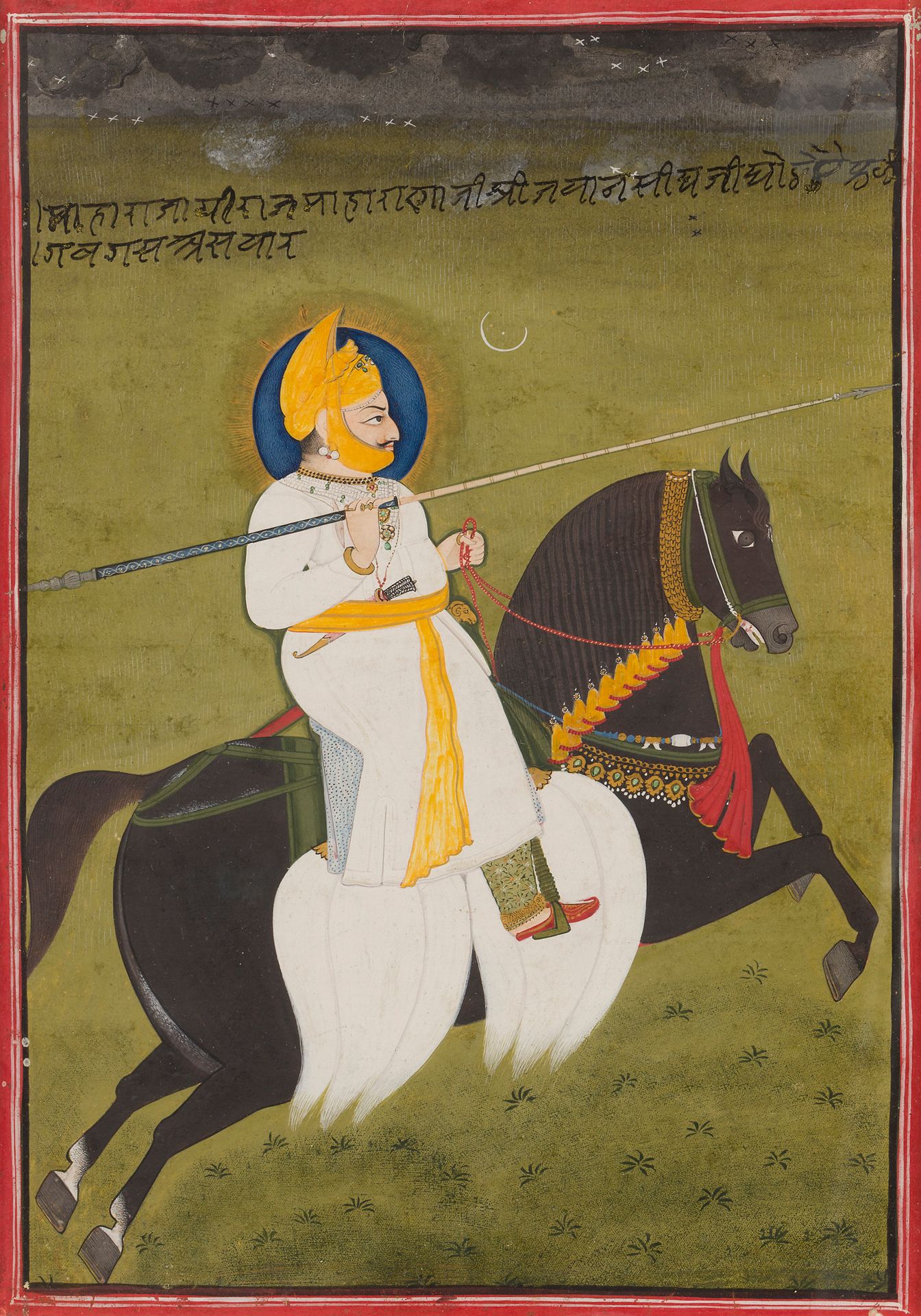 Portrait du Maharaja Dhiraja Maharana ji Shri Jaswant Singh, Inde du Nord, Rajasthan, Mewar, début XIXe siècle
Gouache et or sur papier représentant le maharaja chevauchant un cheval noir cabré, une lance brandie dans la main droite. Il est vêtu d’un jama blanc fermé d’une ceinture jaune maintenant un khanjar et coiffé d’un turban assorti, son visage nimbé de bleu. Sur le fond vert de la scène se détache une inscription en nagari à l’encre noire nommant le sujet.
Dim. page : 35 x 25,2 cm ; peinture : 32,3 x 21,9 cm
Accidents dans la marge, quelques usures et repeints.

Provenance : 
- Christie’s, New York, 23 mars 2010, lot 199. 
- Collection de Charles W. Banta.
- Doris Wiener Gallery, New York, avant 2000.

Exposition :
Indian Miniature Painting, Albright-Knox Art Gallery, New York, 16 mars-5 juin 1994.

An Equestrian Portrait of Maharaja Dhiraja Maharana ji Shri Jaswant Singh, North India, Rajasthan, Mewar, early 19th century 

Collection particulière parisienne de 1975 à 2000 - premier volet (lots 120 à 173).