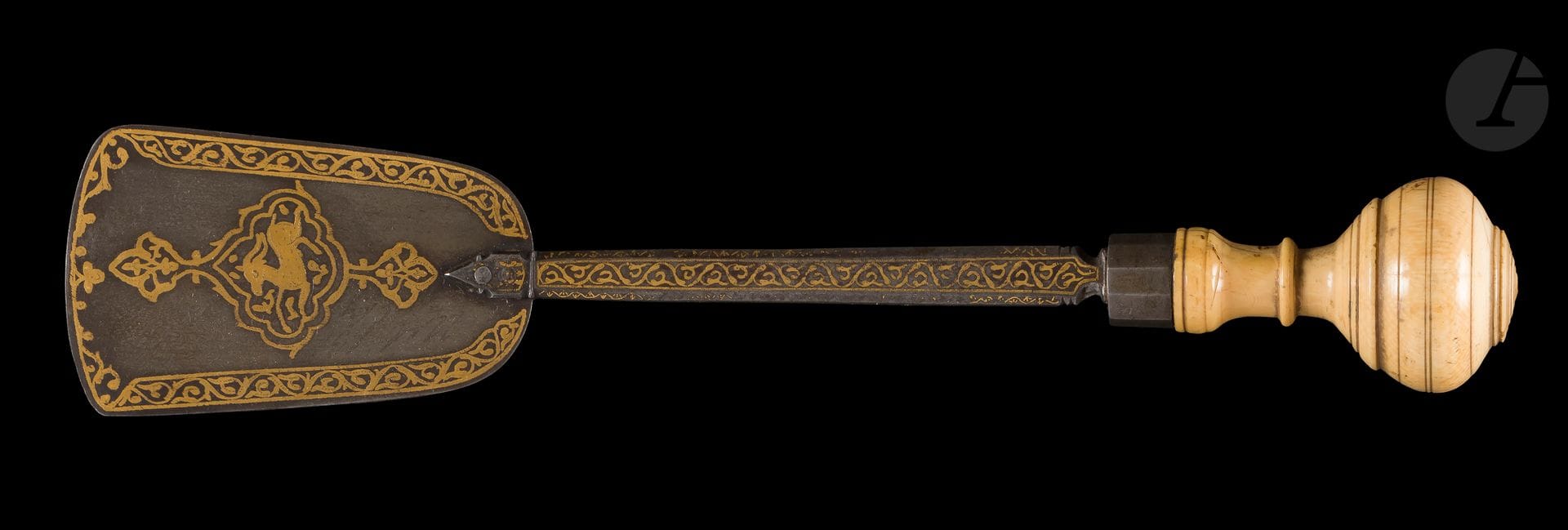 Rare pastry or confectionery scoop, Iran qâjâr, early 19th century
Damascus steel shovel inlaid with gold and engraved with a medallion with a double-appendix decorated with a capridium, a frieze of palmettes on the edge. The riveted handle inlaid with gold, finished with a turned ivory pommel.
Length : 26,8 cm ; gross weight : 143 g
Some wear of the decoration, small crack and some stains on the ivory.

Publication: 
D'ALLEMAGNE Henry-René, Du Khorassan au pays des Backhtiaris, trois mois de voyage en Perse, Tome II, Paris: 1911, plate between pp. 68 and 69. 

A Qajar Pastry Shovel, Iran, early 19th century 

Collection of an amateur (lots 93 to 119).