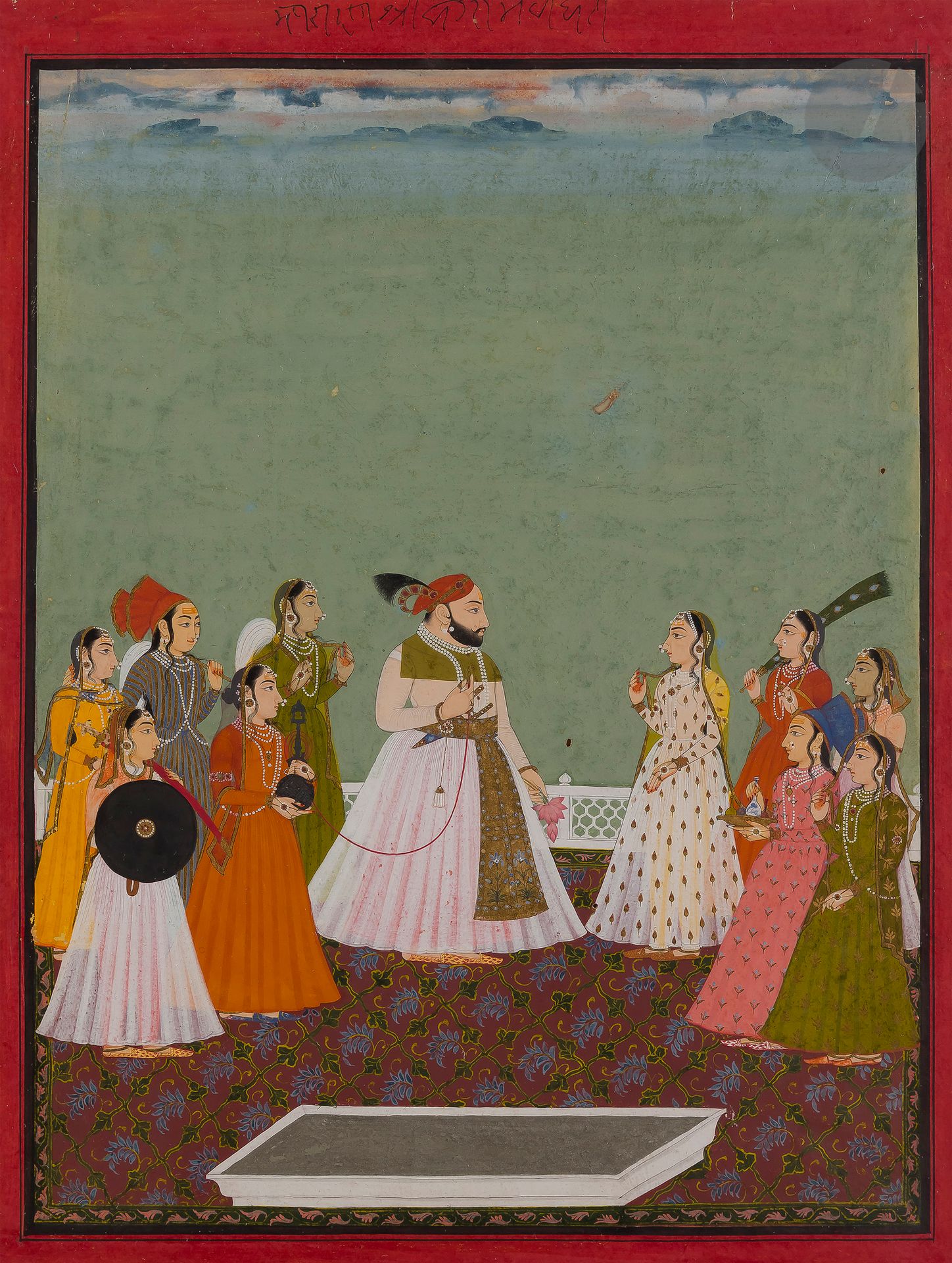 Le Maharana Sangram Singh à la rencontre d’une femme, Inde, Rajasthan, Mewar, vers 1730
Pigments et or sur papier représentant sur une terrasse le Maharana Sangram Singh à coiffe rouge vêtu d’un long jama plissé blanc, une large ceinture dorée à décor floral nouée autour de la taille dans laquelle a été glissé un katar. Il tient dans la main droite le tuyau d’une huqqa que lui porte une courtisane et un bouquet de lotus roses qu’il s’apprête à offrir à sa bienaimée qui lui fait face dans une belle robe blanche à décor floral, la tête drapée d’un voile jaune. Autour, plusieurs courtisanes portant les accessoires du couple, de la vaisselle ou des chasse-mouches pour les éventer. Encadrement rouge inscrit à l’encre noire dans la partie supérieure d’une ligne de nagari.
Dim. page à vue : 37,5 x 28,4 cm ; peinture à vue : 20,2 x 12,9 cm
Quelques sauts de polychromie, taches, trois trous, légère déchirure en bordure supérieure.

Provenance : 
- Christie’s Londres, 23 octobre 2007, lot 322.
- Ancienne collection privée italienne
- Probablement Collection Royale de Mewar

Un fameux portrait équestre du Maharana est conservé dans la Collection Khalili de Londres (MSS 965).

Maharana Sangram Singh with women, India, Rajasthan, Mewar, c. 1730 

Collection particulière parisienne de 1975 à 2000 - premier volet (lots 120 à 173).