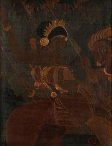 Asit Kumar HALDAR [indien] (1890-1964)
Swing and song Huile sur panneau. Signée en bas à droite. Signée, titrée et annotée au dos. H: 40 x 30 cm