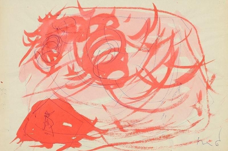 Lucio FONTANA (1899-1968)
Ambiente spaziale, 1960 Encre rouge et stylo bille sur papier. Signé et daté en bas à droite. (petits accidents)H: 32. 40 x 21. 70 cm. Commentaire: Référencé dans les archives des dessins de Lucio Fontana au numéro 342/42.