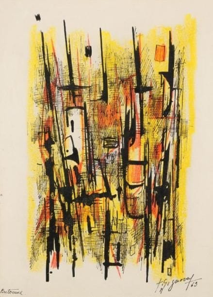 Jean SIGNOVERT (1919-1981)
Automne, 1963 Encre et drayon gras sur papier. Signée et datée 63 en bas à droite. Titrée en bas à gauche. (petit trou) H: 33 x 25 cm