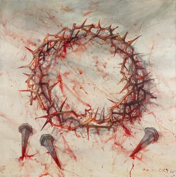 Michel CIRY (Né en 1919)Passion, 1960-1961
Huile sur toile. Signée et datée 61 en bas à droite. Signée, datée 60 et titrée au dos. (petits manques et traces d'humidités)H: 80 x 80 cm Provenance: Vente succession Pierre de Tartas, Versailles 25 novembre 2007.