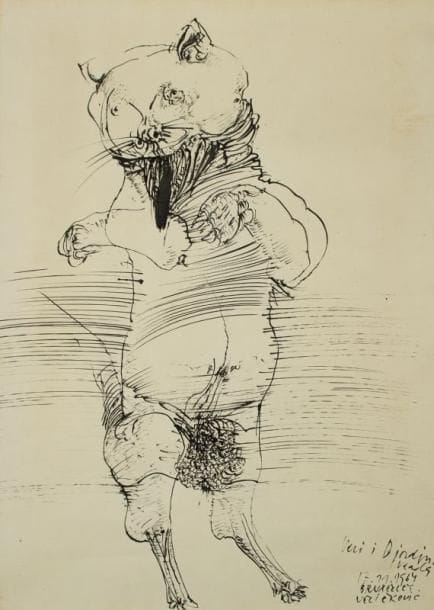 Vladimir VELICKOVIC (serbe) (né en 1935)
Chat fantastique, 1964 Encre de chine. Signé, dédicacé, daté 17. 11. 1964 et situé Bruxelles en bas à droite. H: 41. 50 x 29. 50 cm
