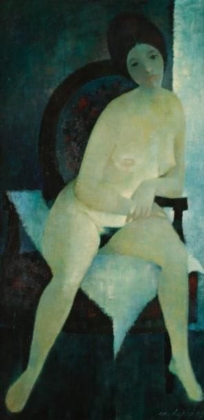 Marcel DEPRE (1919-1990)
Nu assis, 1963 Huile sur toile. Signée et datée en bas à droite. H: 100 x 50 cm Provenance: Vente de l'atelier, Robert, Paris. Exposition: Porte au dos deux étiquettes "1161" et "Expressionnistes".