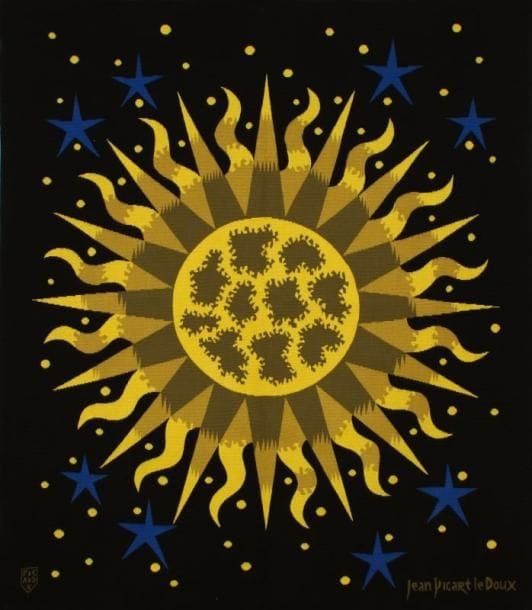 Jean PICART LE DOUX (1902-1982)
SoleilTapisserie en laine d'Aubusson Signée sur le Bolduc. Tirage à 6 exemplaire, numéroté 5/6. Marque de l'atelier Raymond Picaud à Aubusson. H: 130 x 110 cm