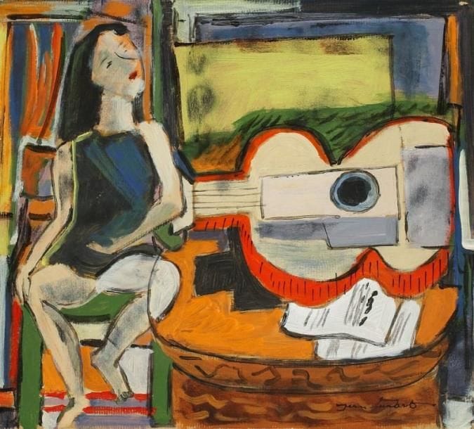Jean FAUBERT (né en 1944)
Femme à la guitare Huile sur papier contrecollé sur panneau. Signée en bas à droite. H: 36 x 40 cm